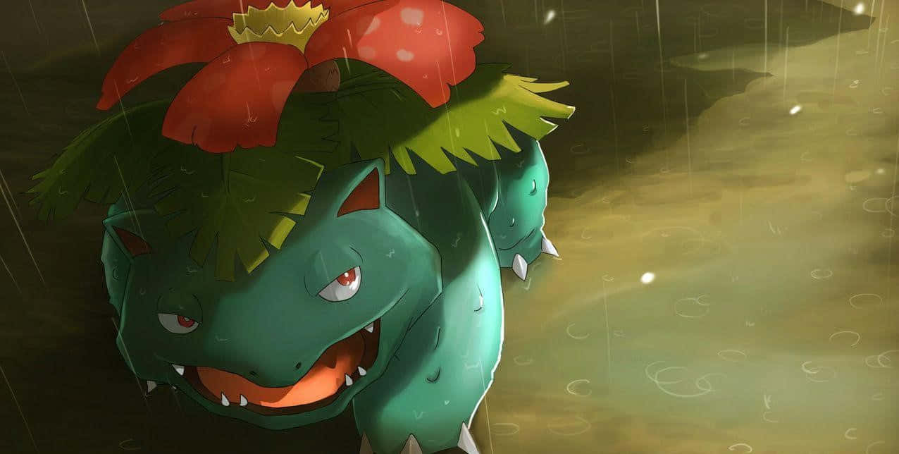 Ivysaur, green Pokémon, red flower, SD Desktop Wallpaper