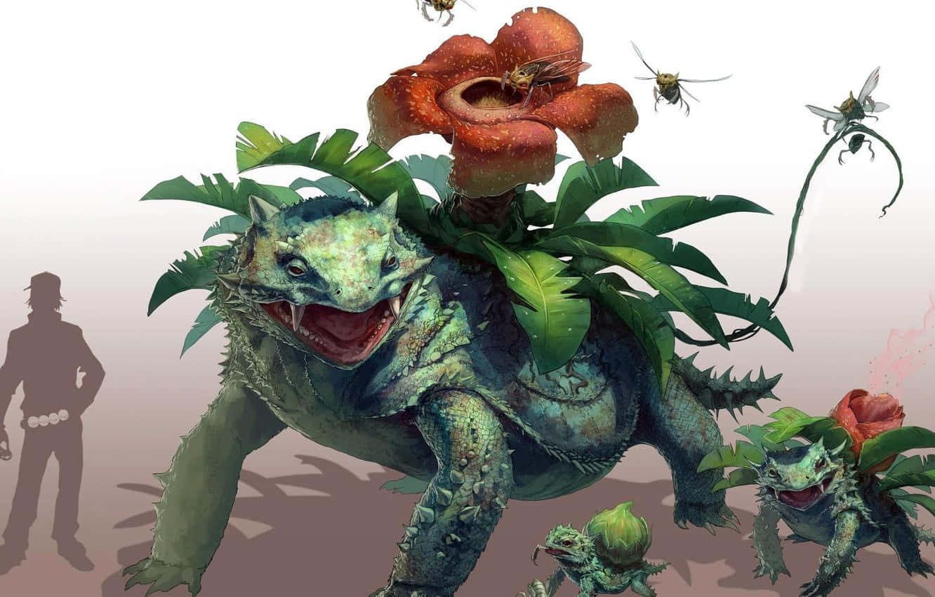 Ivysaur, green reptilian creature, giant red flower, HD Desktop Wallpaper