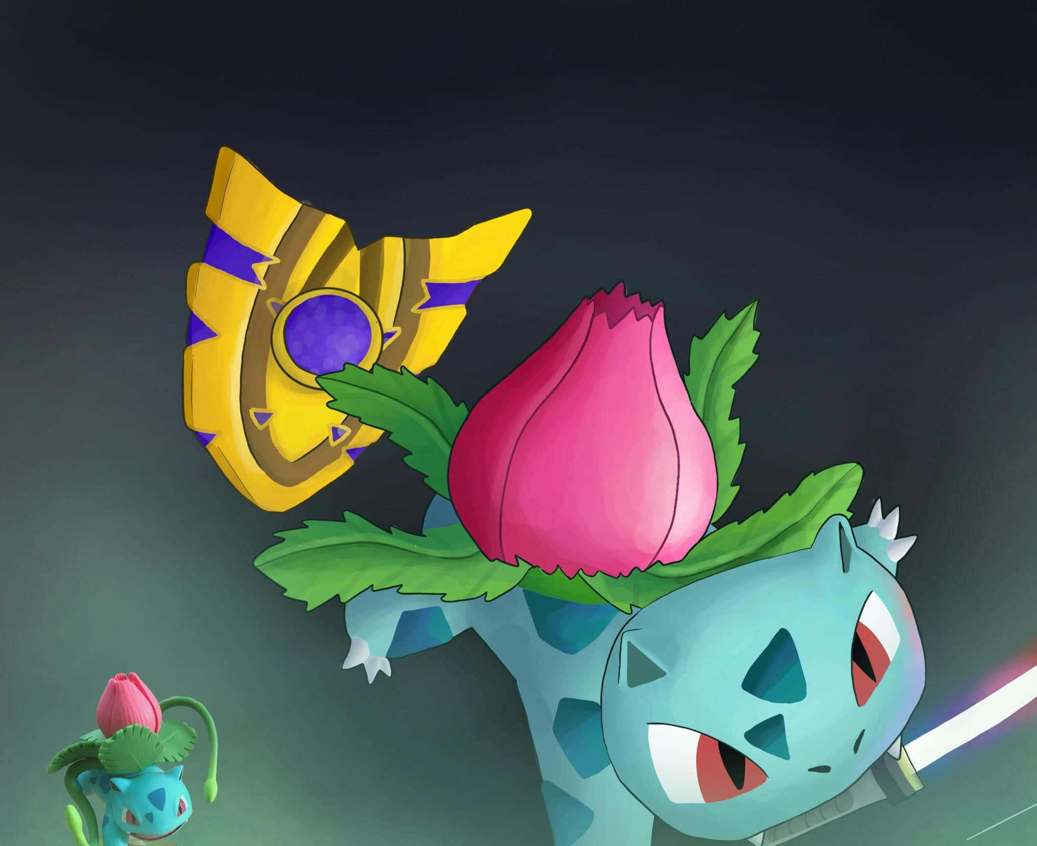 Ivysaur, glowing pink flower, golden shield, Full HD Desktop Wallpaper