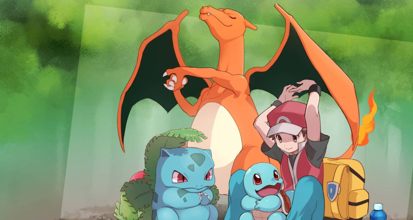 Ivysaur, blue Pokémon, large orange dragon Pokémon, HD Desktop Wallpaper