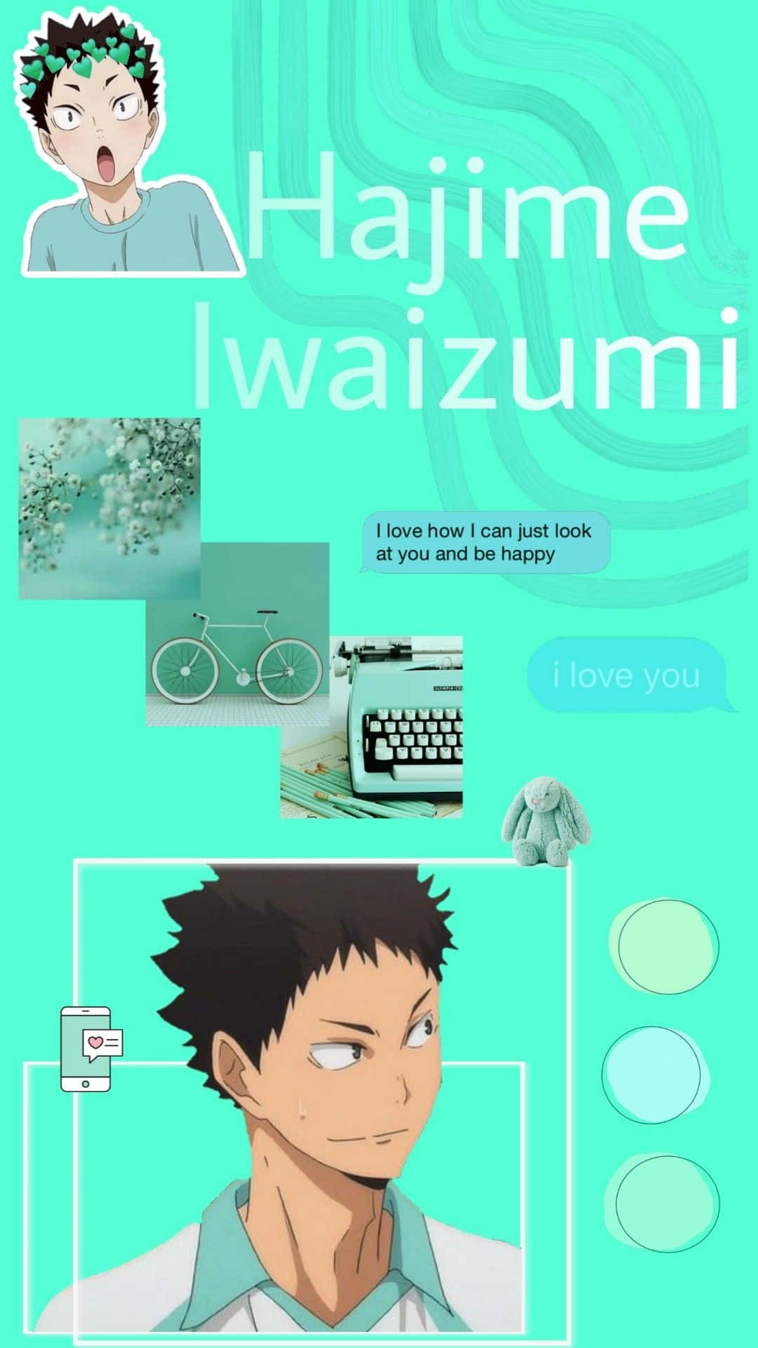 Iwaizumi Hajime, pastel teal, typewriter bicycle, Full HD Phone Wallpaper