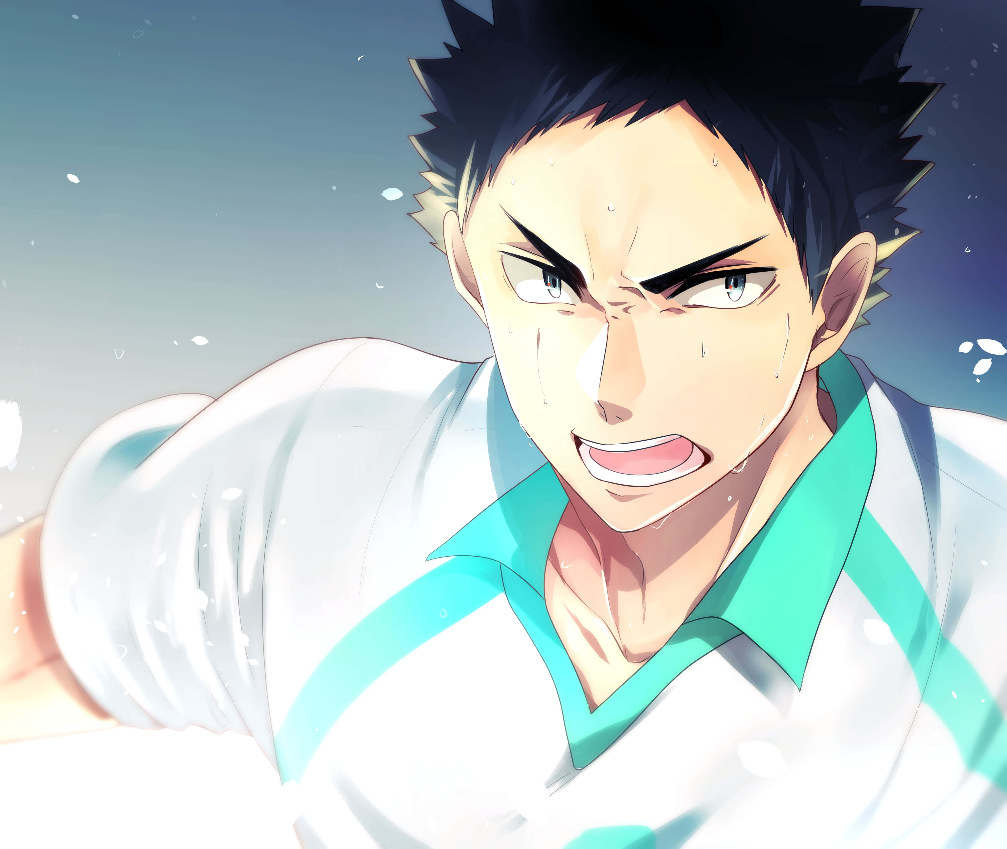 Iwaizumi Hajime, spiky black hair, sweat streaks, 4K Desktop Wallpaper