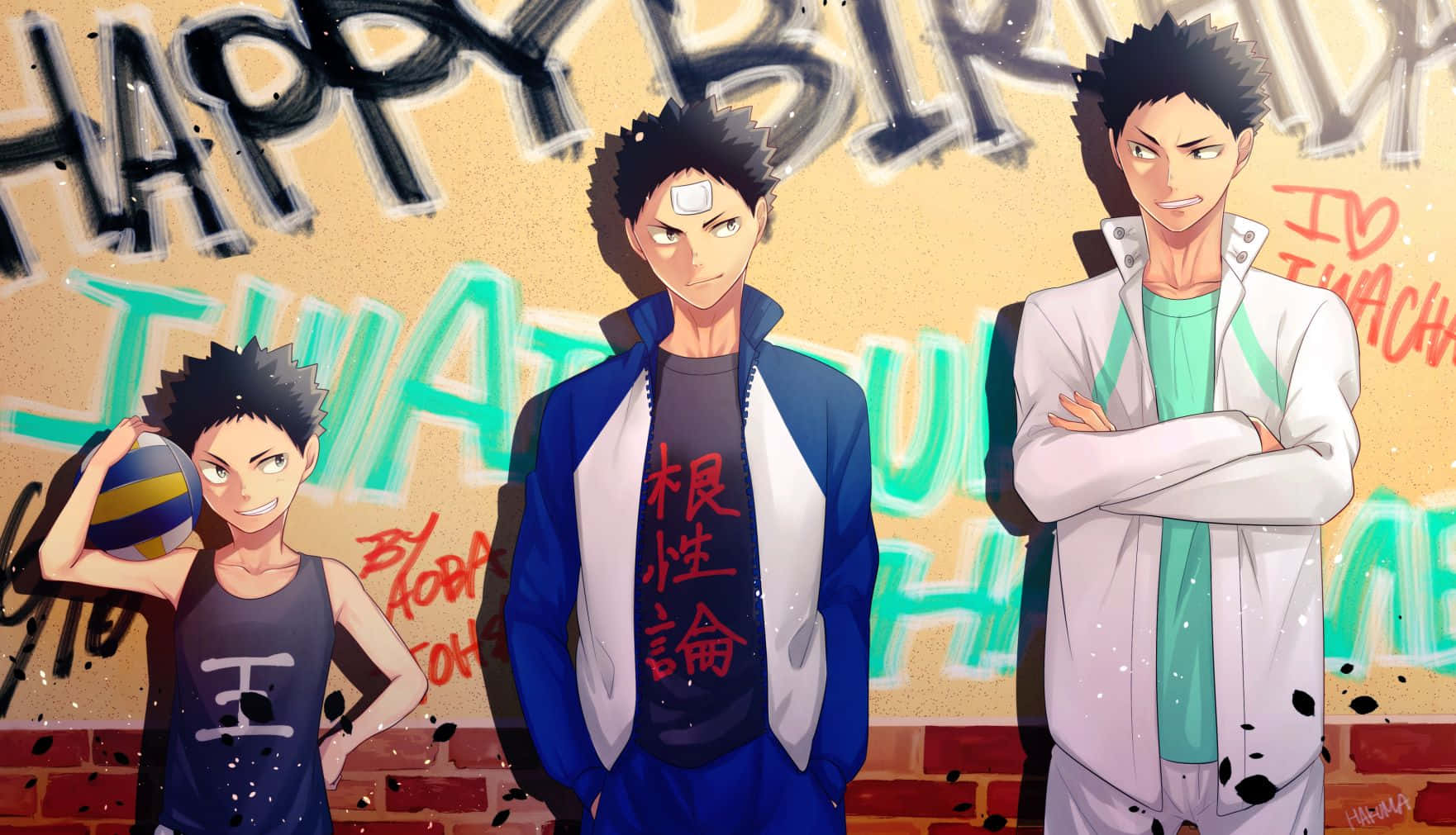 Iwaizumi Hajime, anime volleyball players, graffiti-covered brick wall, HD Desktop Wallpaper