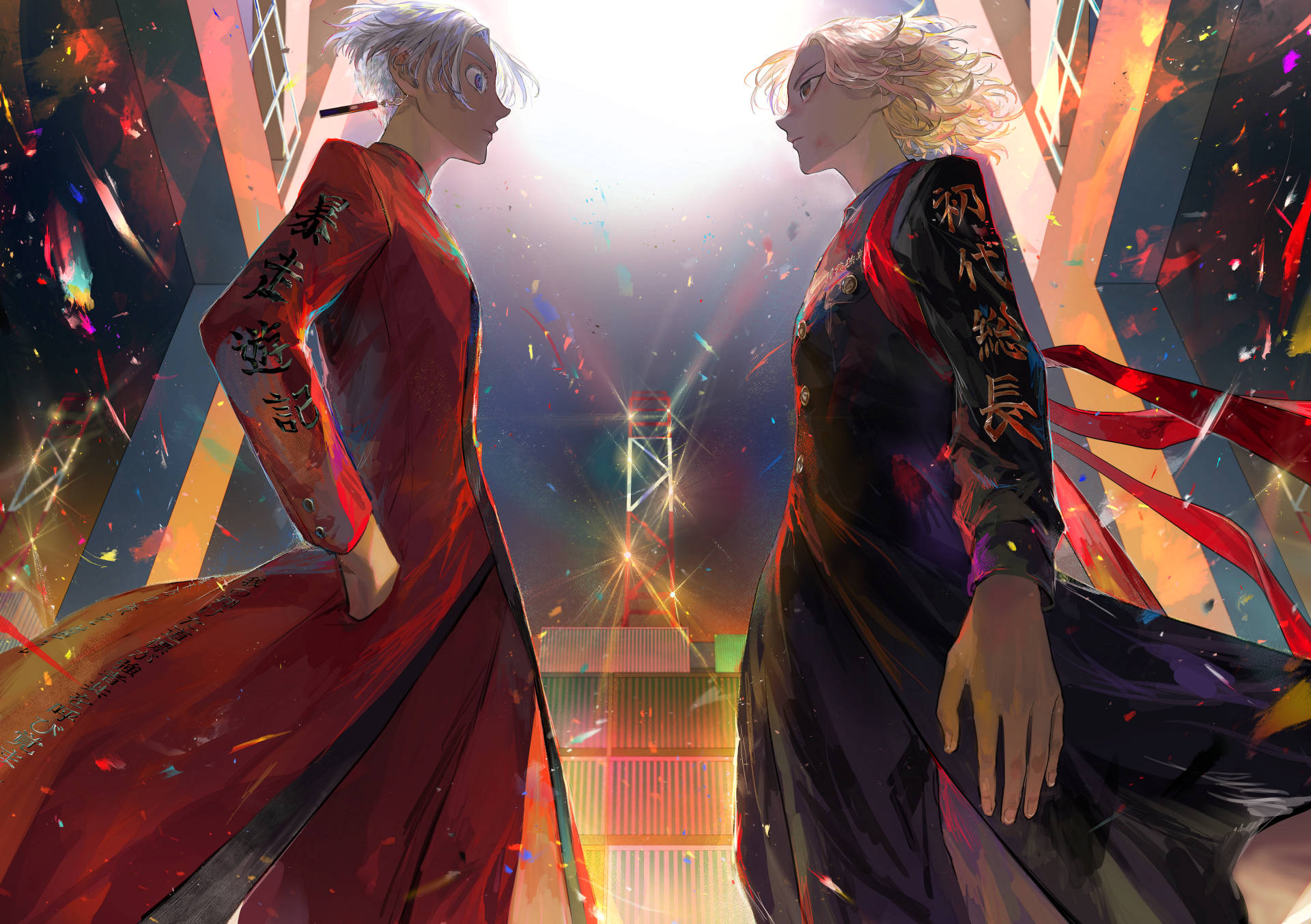 Izana Kurokawa, red and black robes, vibrant confetti-filled urban backdrop, Full HD Desktop Wallpaper