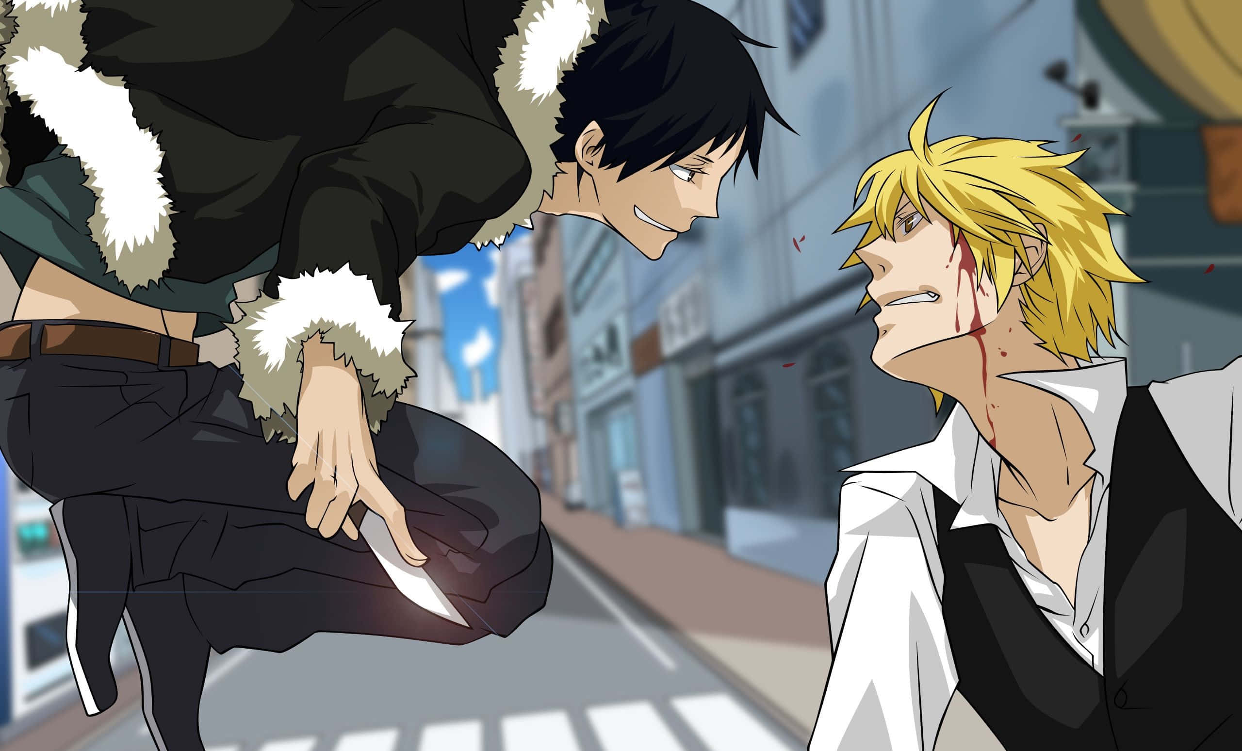 Izaya Orihara, cityscape, knife, 2K Desktop Wallpaper