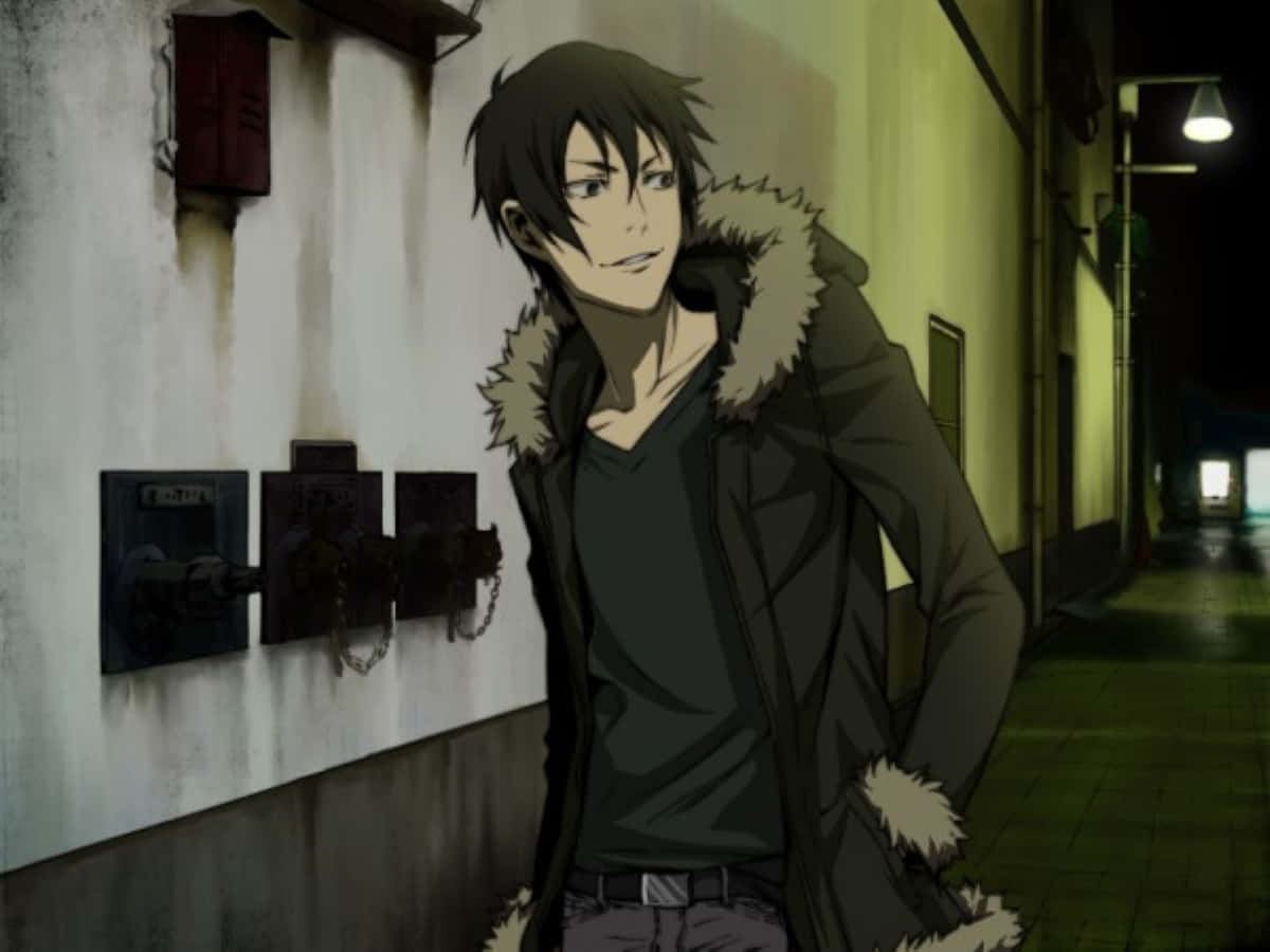 Izaya Orihara, fur-lined coat, dimly lit urban alleyway, SD Desktop Wallpaper