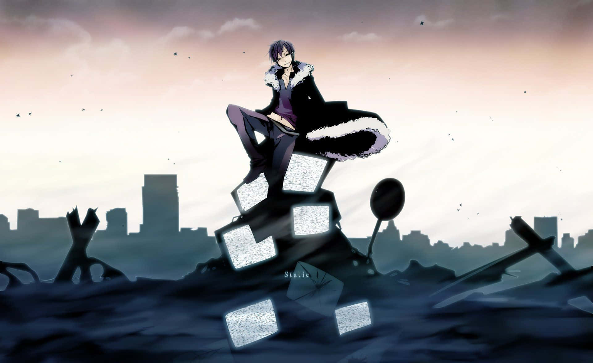 Izaya Orihara, glowing TV screens, ruined cityscape, Full HD Desktop Wallpaper