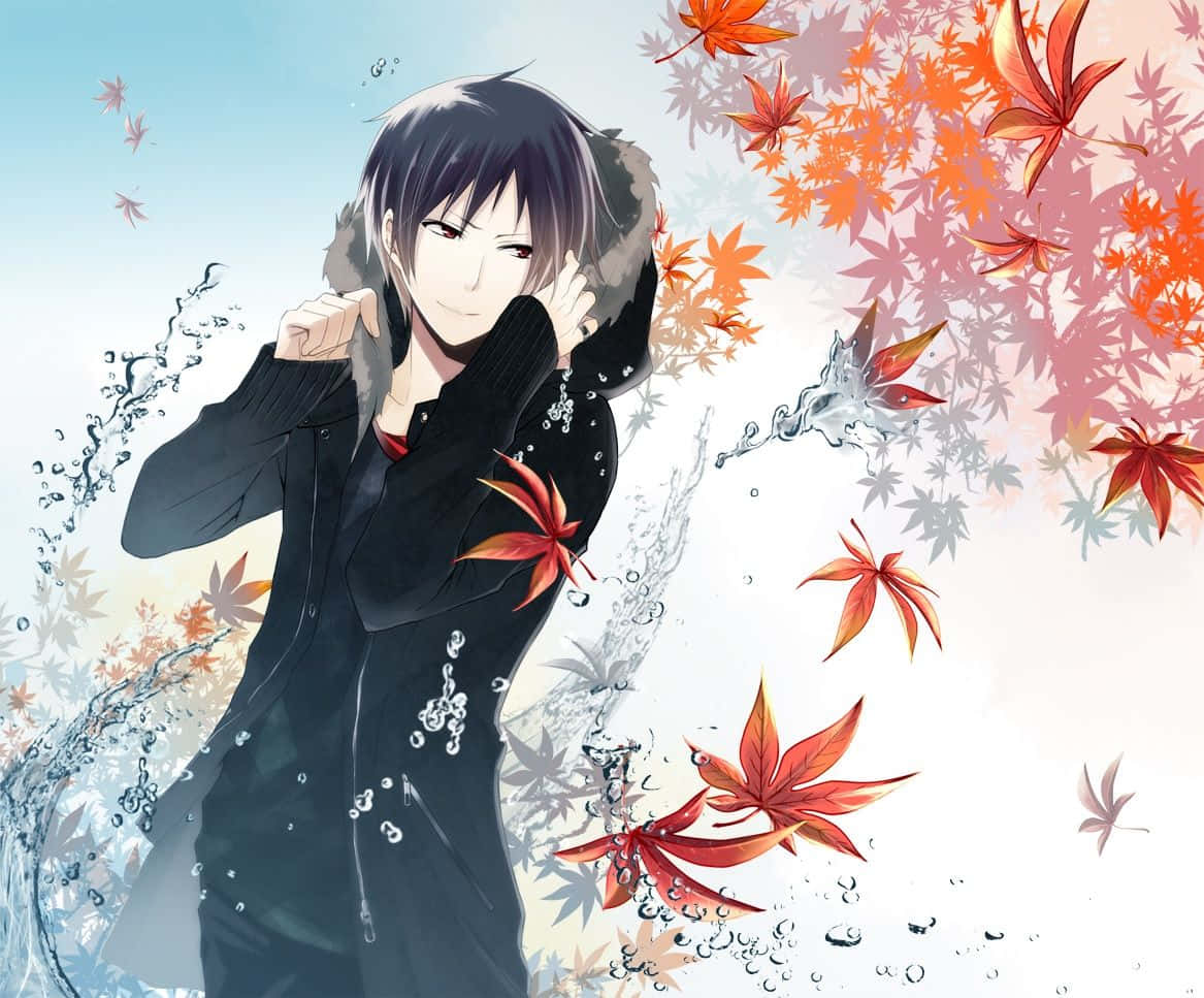 Izaya Orihara, black coat, autumn maple leaves, SD Desktop Wallpaper