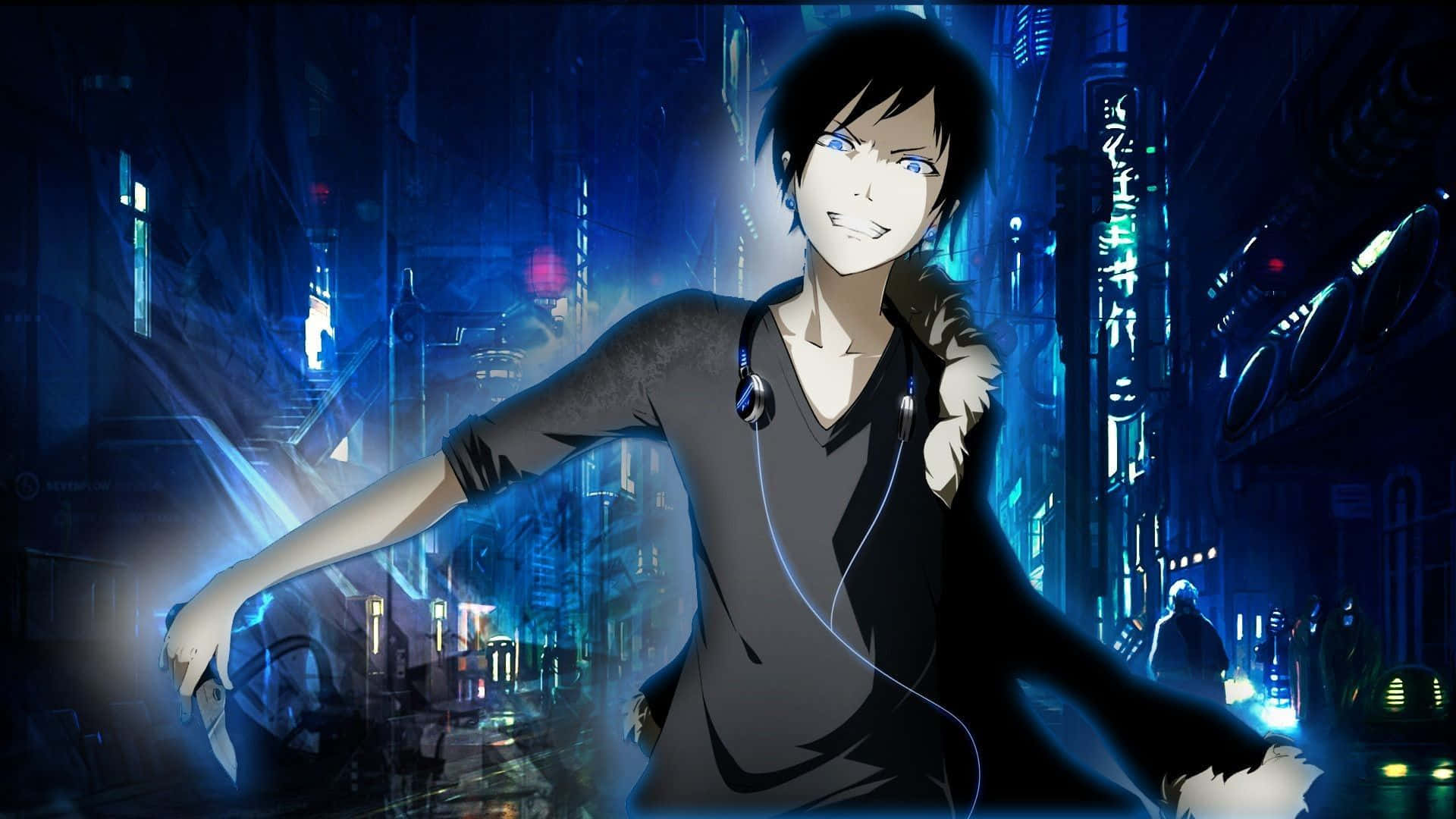 Izaya Orihara, neon-lit cyberpunk cityscape, night, Full HD Desktop Wallpaper