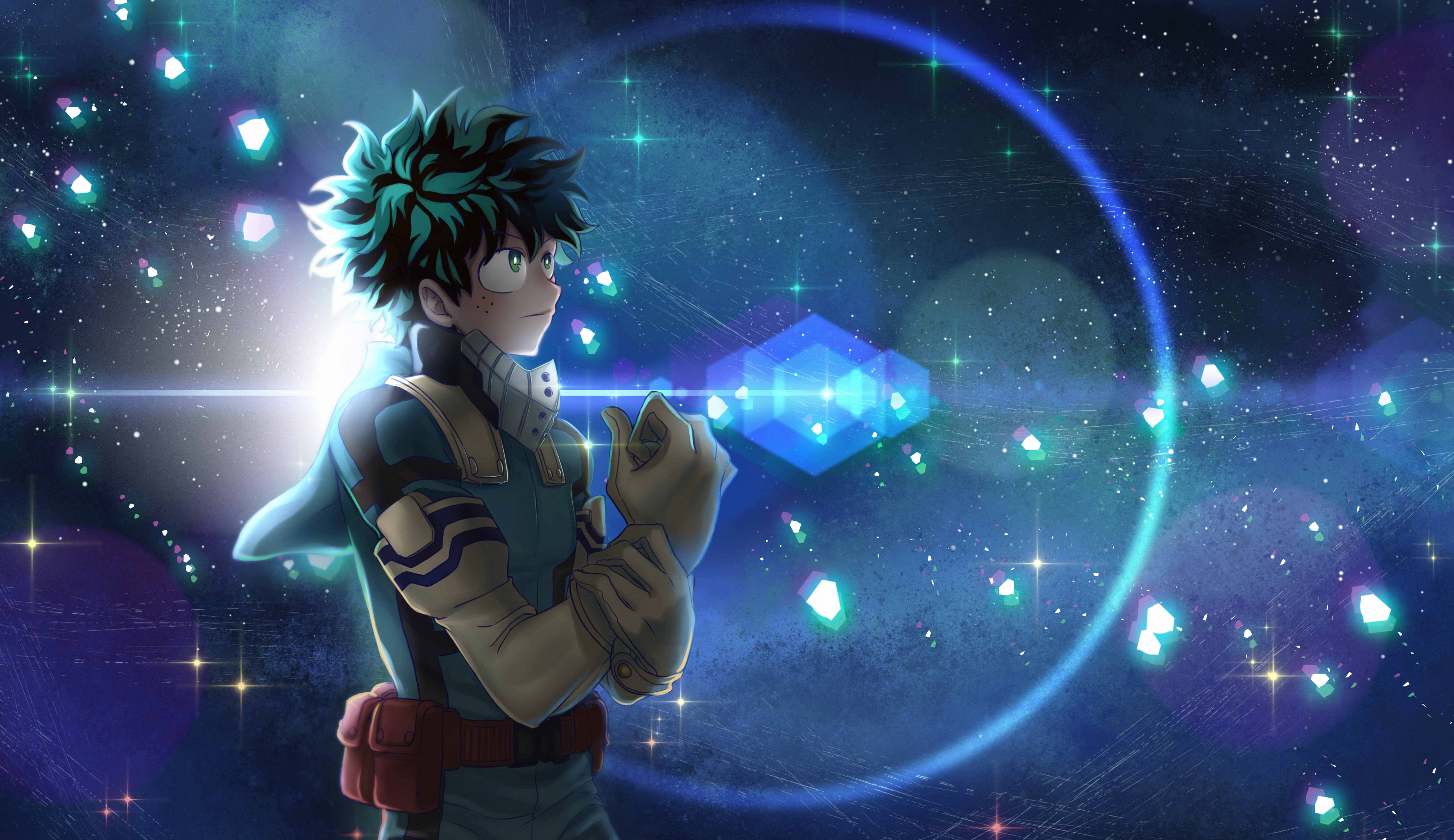 Izuku Midoriya, spiky green hair, cosmic scene, 4K Desktop Wallpaper