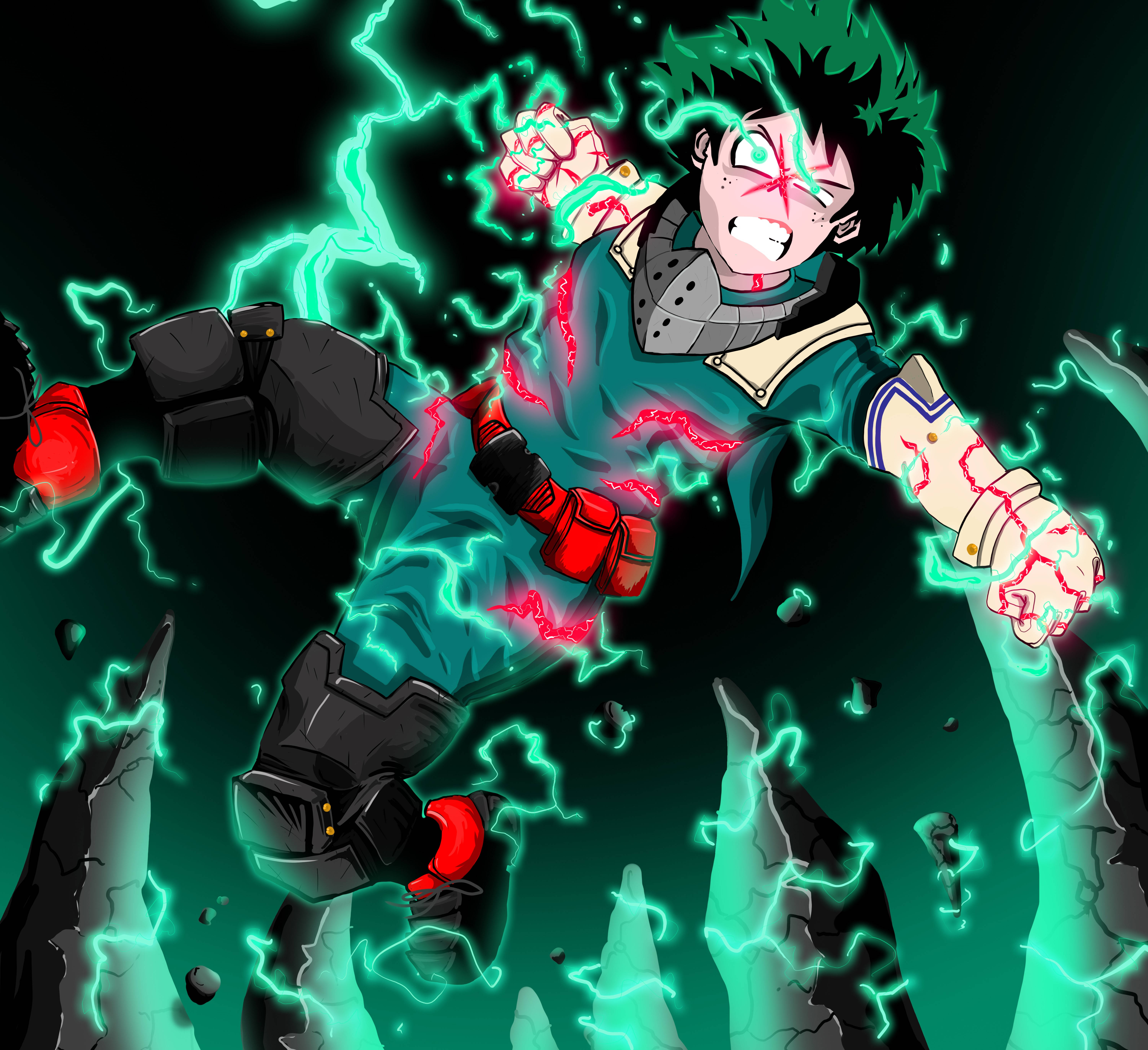 Izuku Midoriya, green-haired, crackling green and red energy, 5K Desktop Wallpaper
