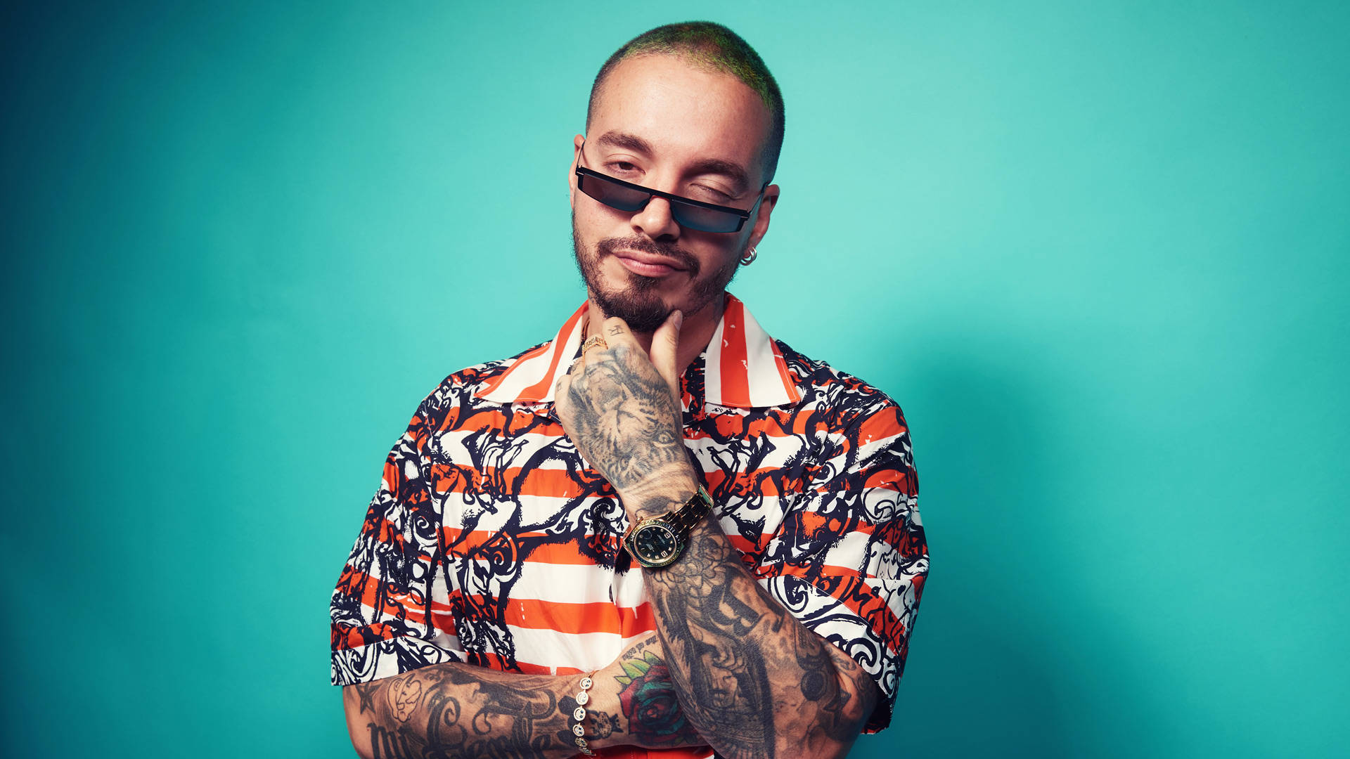 J Balvin, teal background, bold patterned shirt, Full HD Desktop Wallpaper