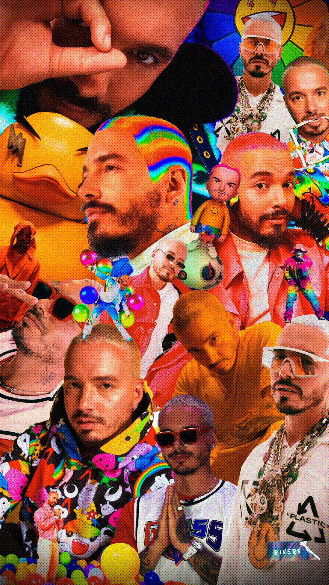 J Balvin, vibrant collage, colorful outfits, Full HD Phone Wallpaper