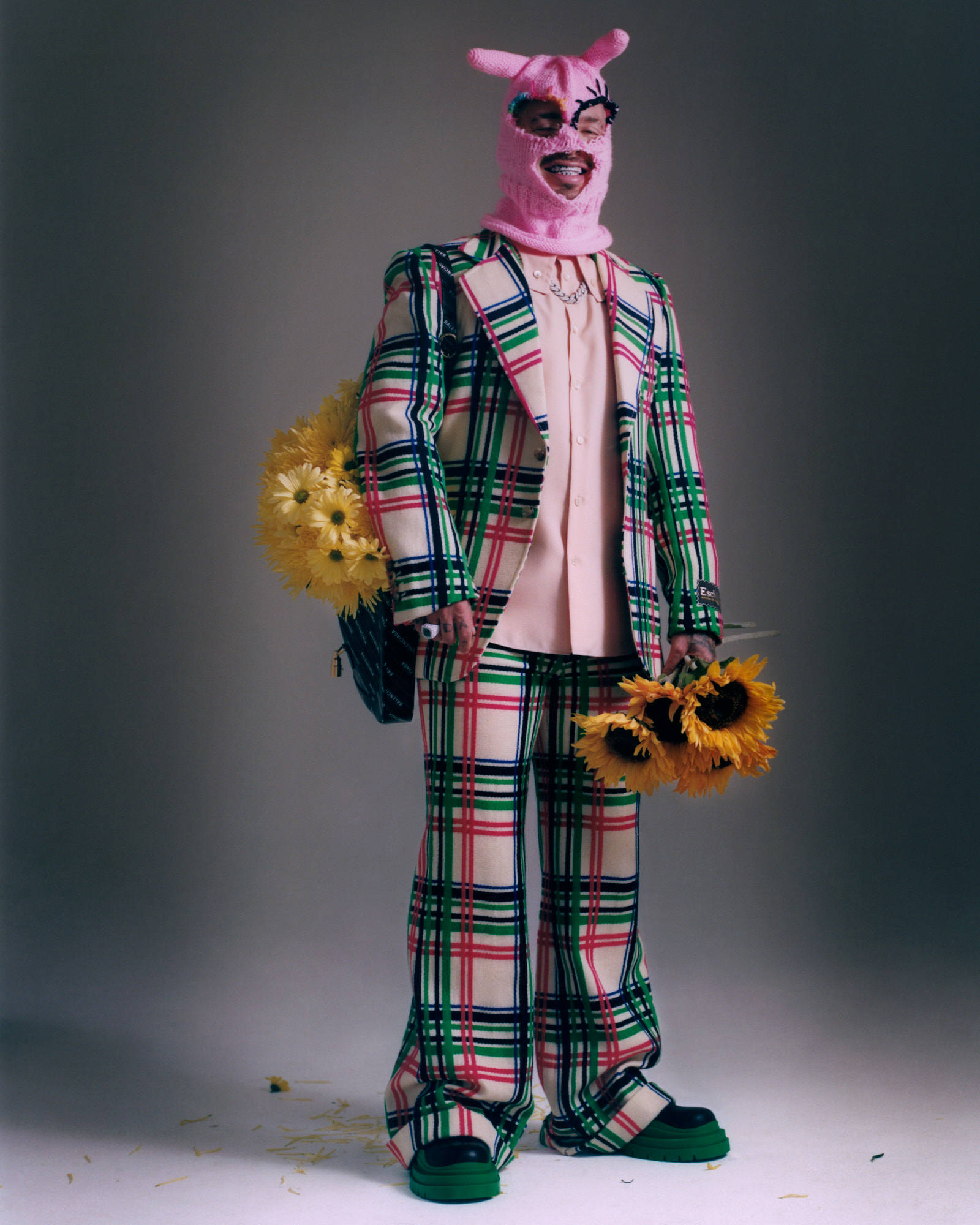 J Balvin, pink bunny mask, bold plaid suit, Full HD Phone Wallpaper