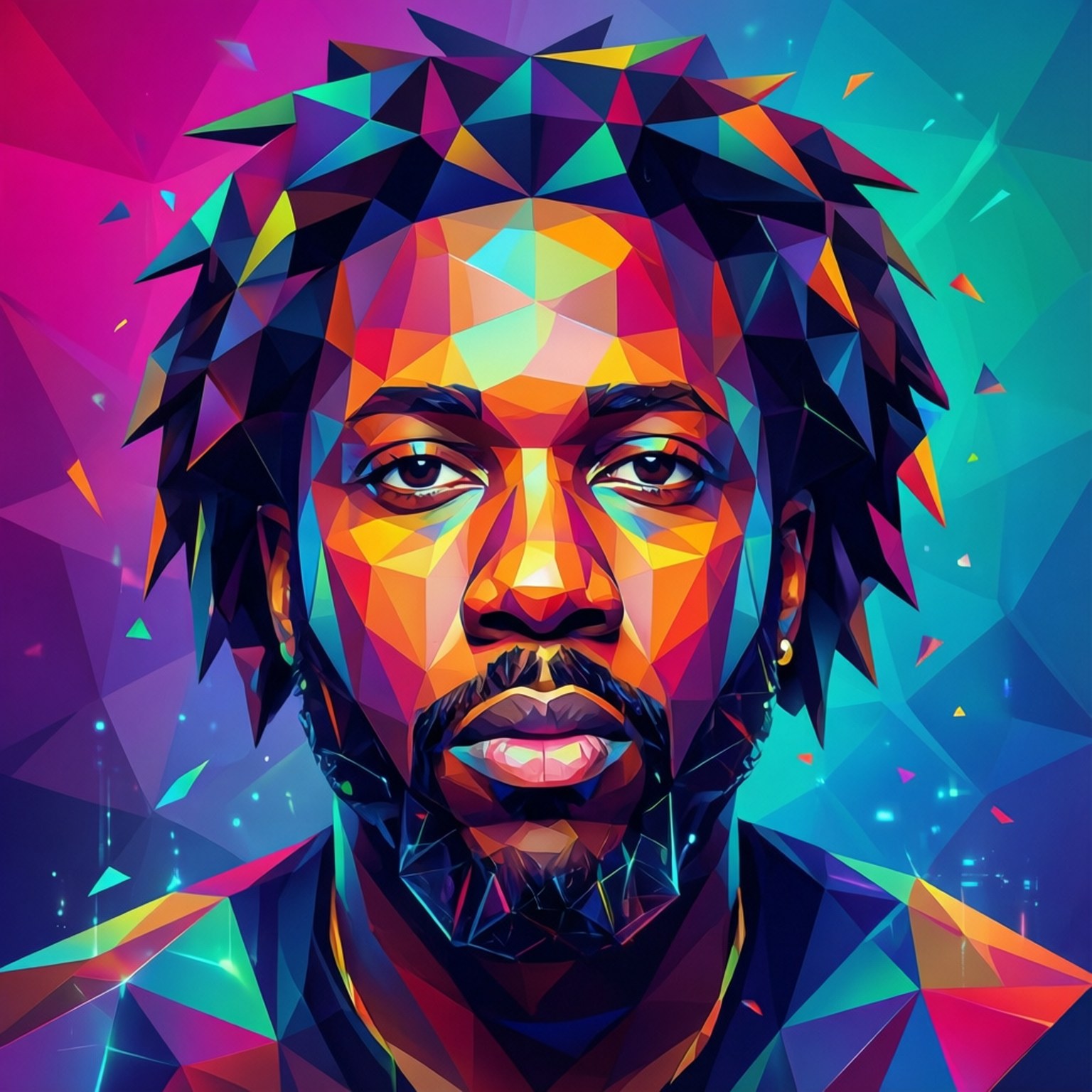 J Cole, low poly, cosmic gradient background, HD Desktop Wallpaper