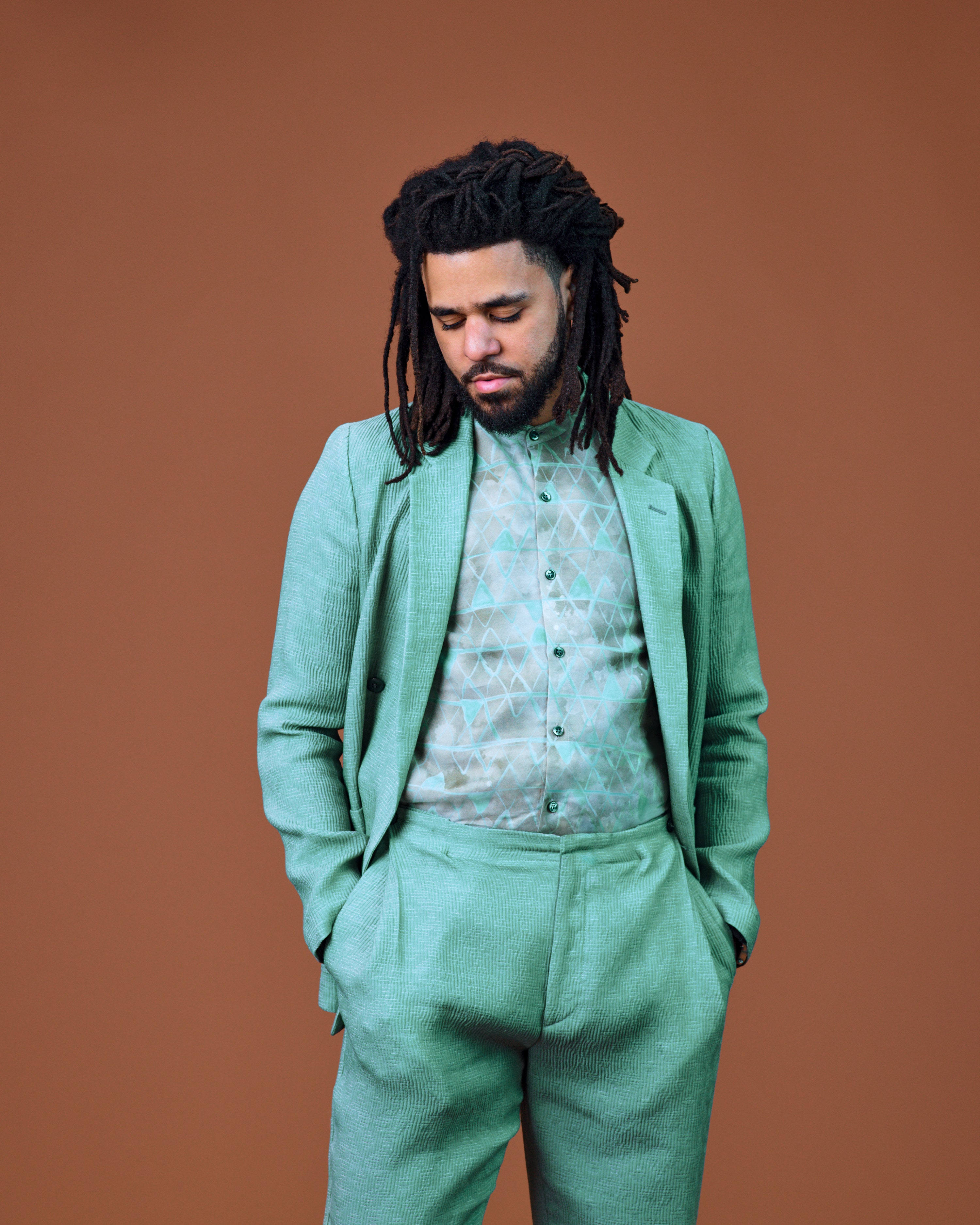 J Cole, mint green suit, dreadlocks, 2K Phone Wallpaper
