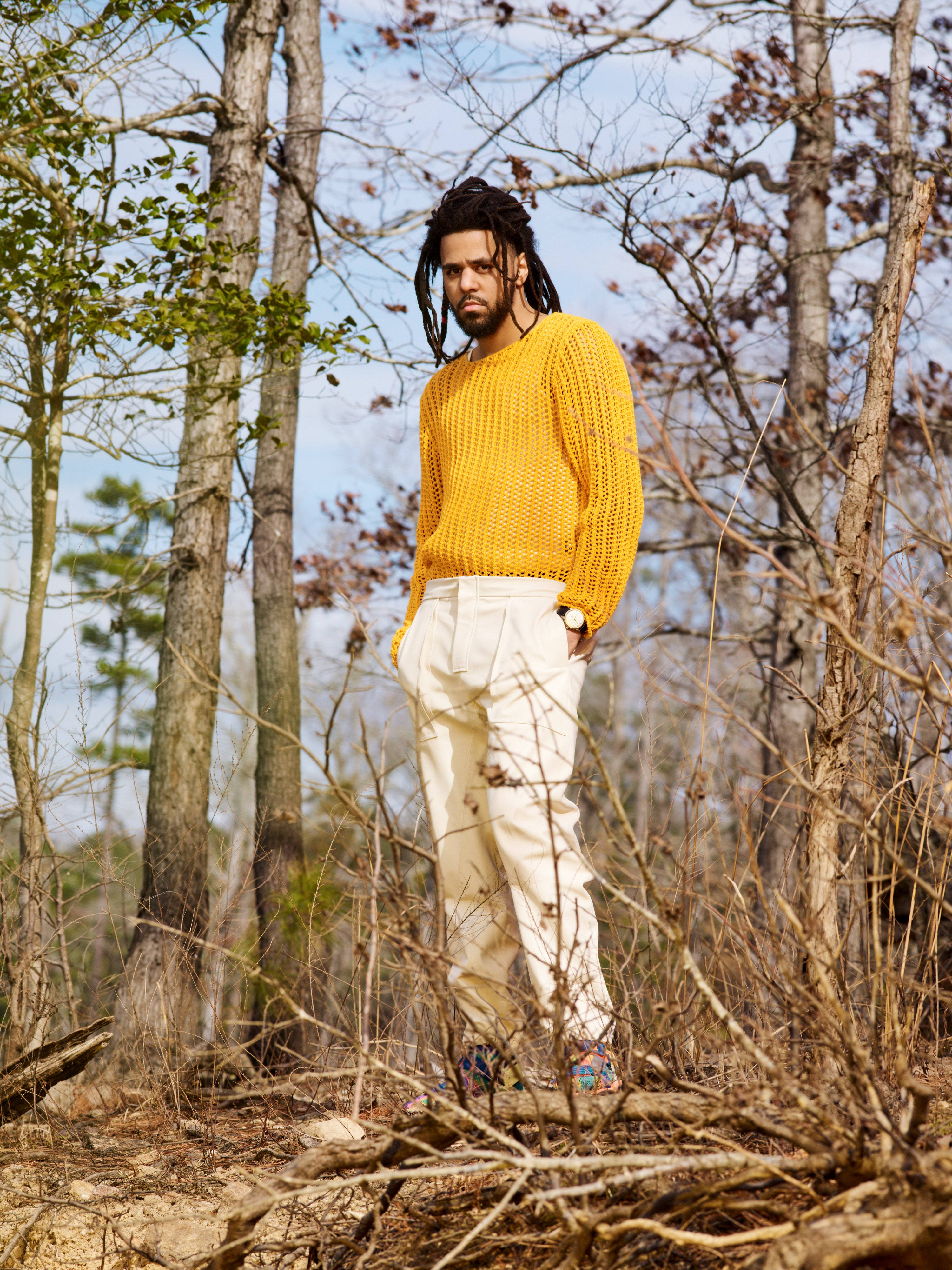 J Cole, yellow sweater, dreadlocks, 4K Phone Wallpaper