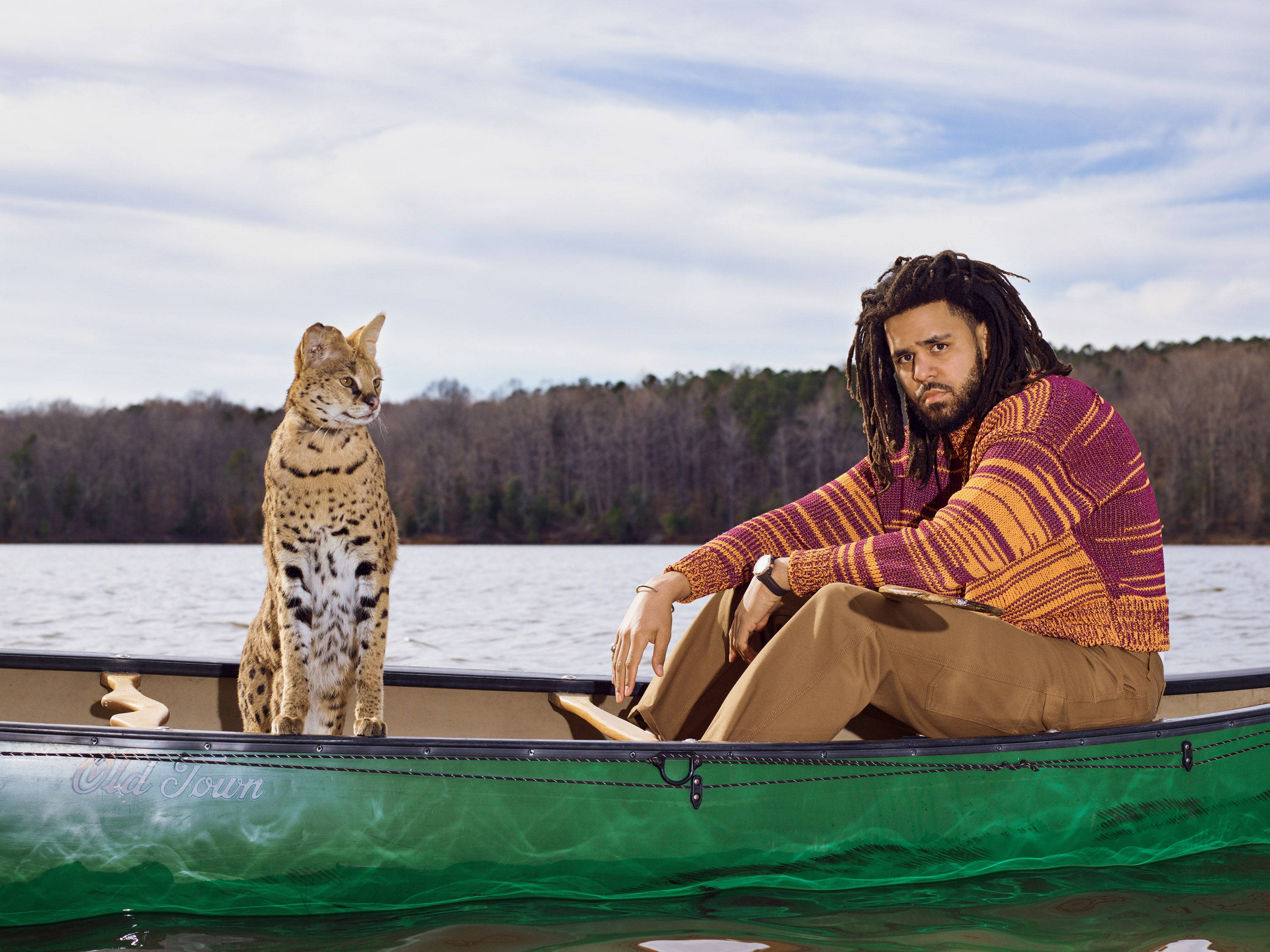 J Cole, green canoe, calm lake, 2K Desktop Wallpaper