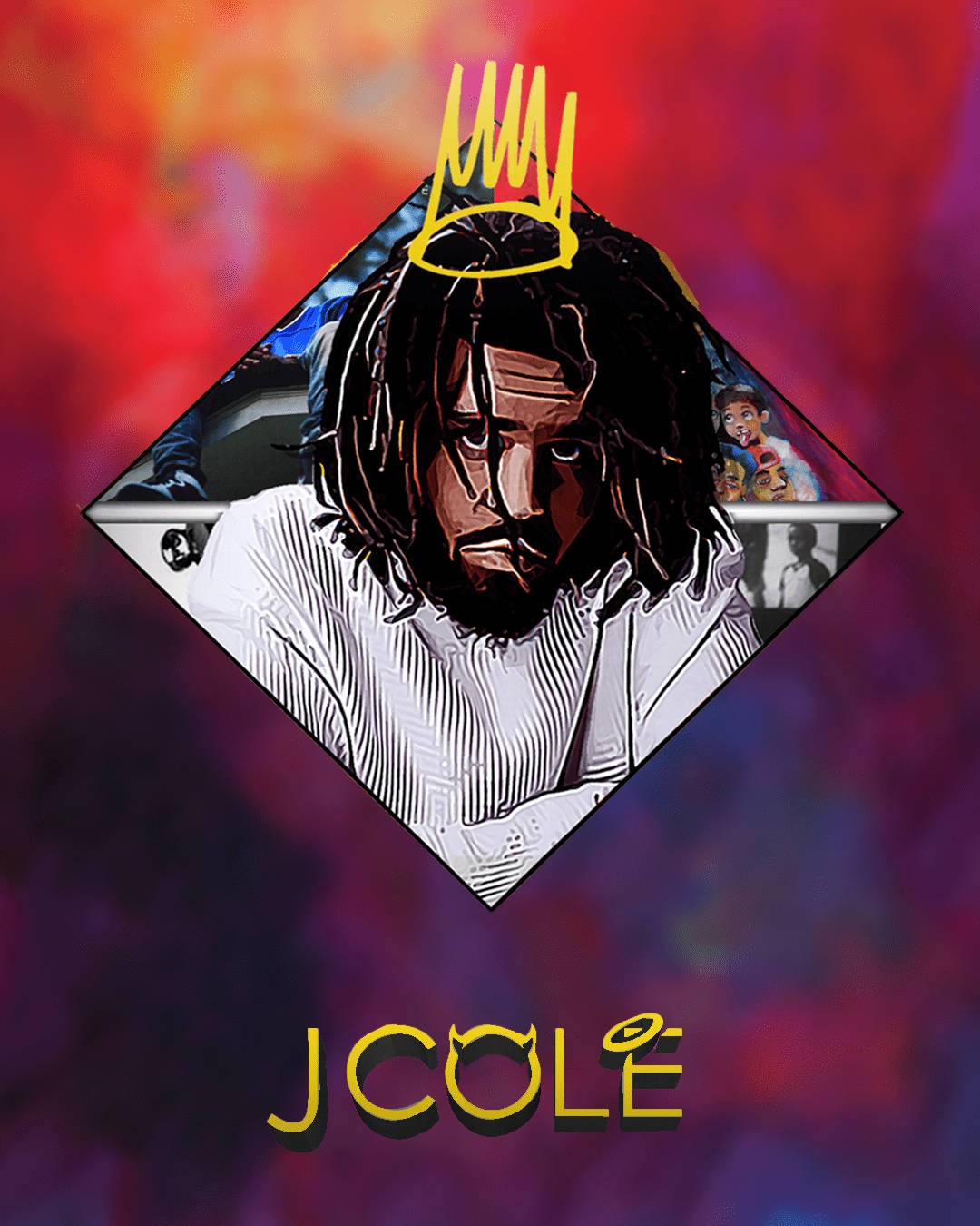 J Cole, yellow crown, vibrant red and purple abstract background, HD Phone Wallpaper