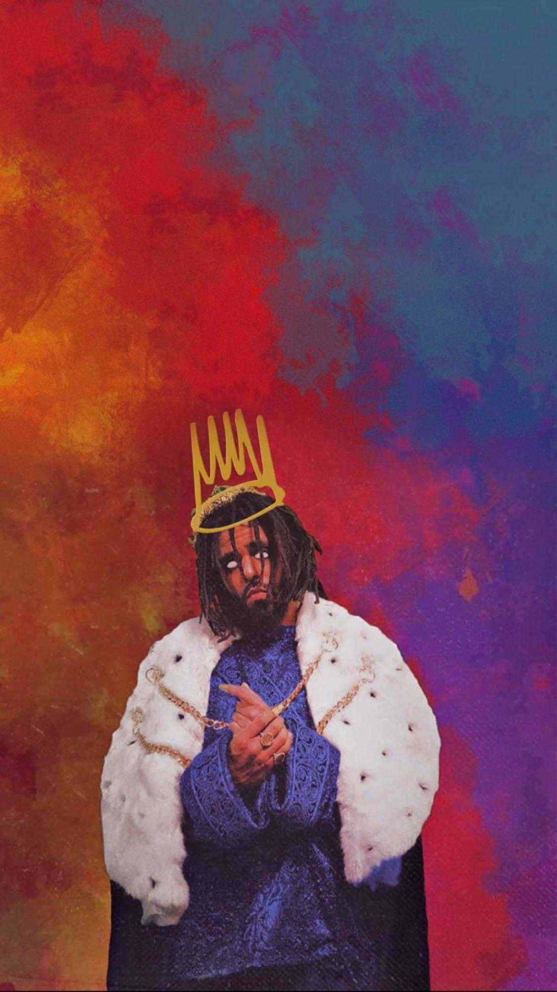 J Cole, gold crown, white fur coat, Full HD Phone Wallpaper