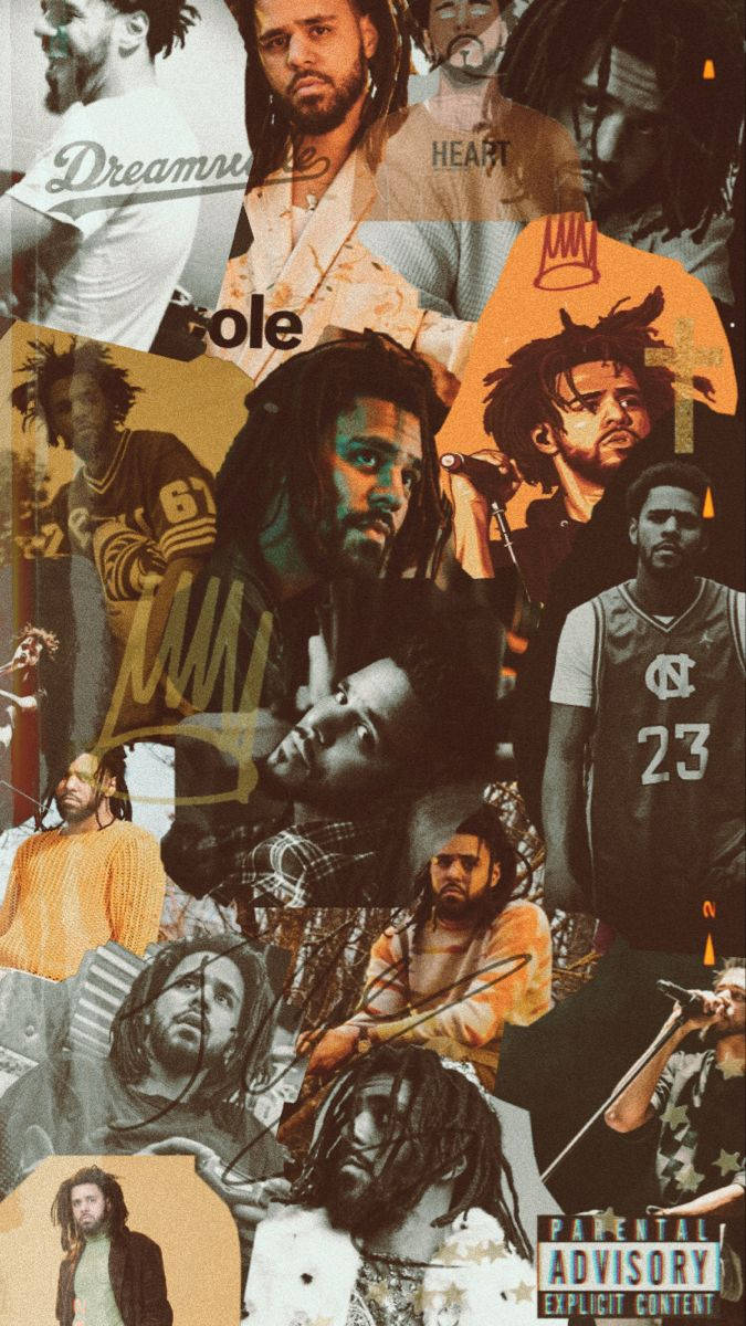J. Cole, vibrant collage, bold text overlays, SD Phone Wallpaper