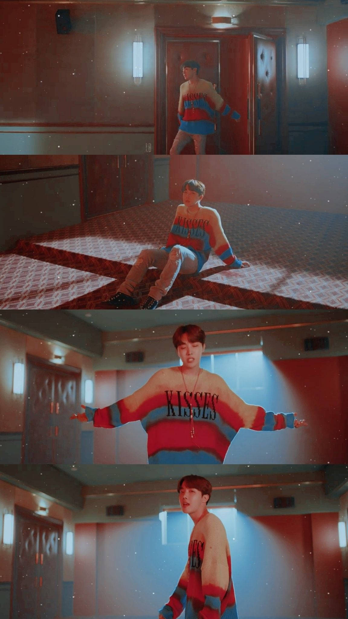 J-hope, colorful striped sweater, warmly lit hallway, Full HD Phone Wallpaper
