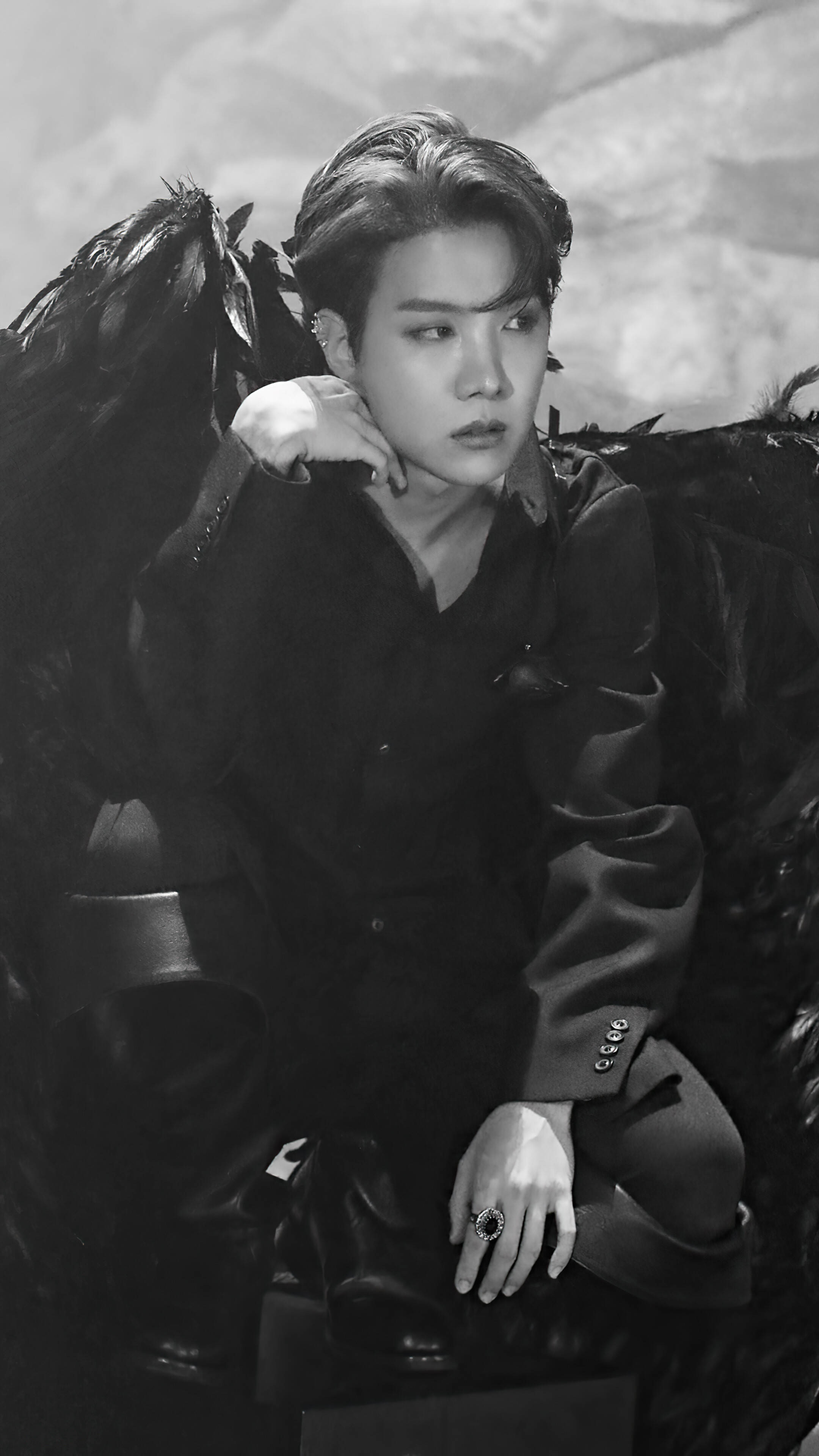 J-hope, black and white portrait, dark feathered wings, 4K Phone Wallpaper