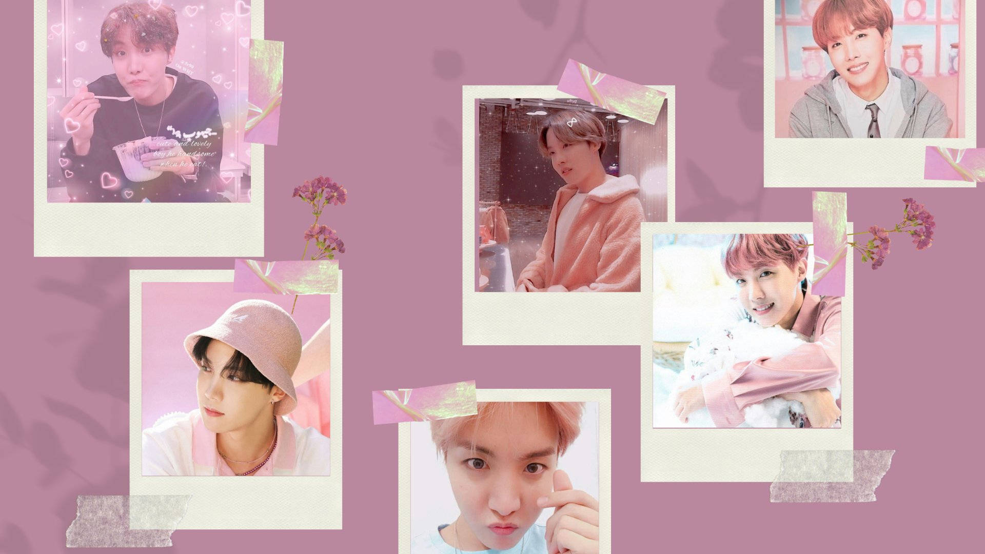 J-hope, polaroid-style photos, soft pink background, Full HD Desktop Wallpaper