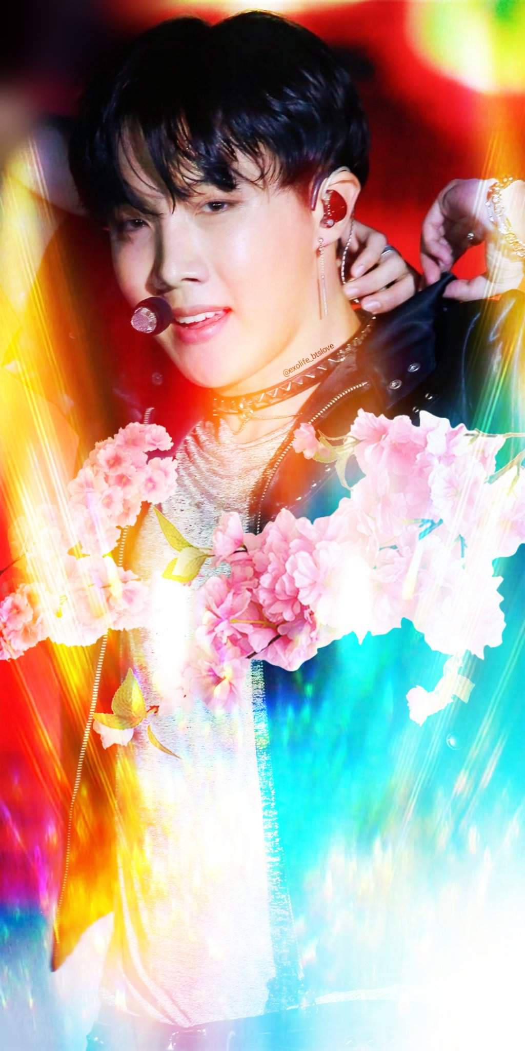 J-hope, pink flowers, rainbow light streaks, Full HD Phone Wallpaper