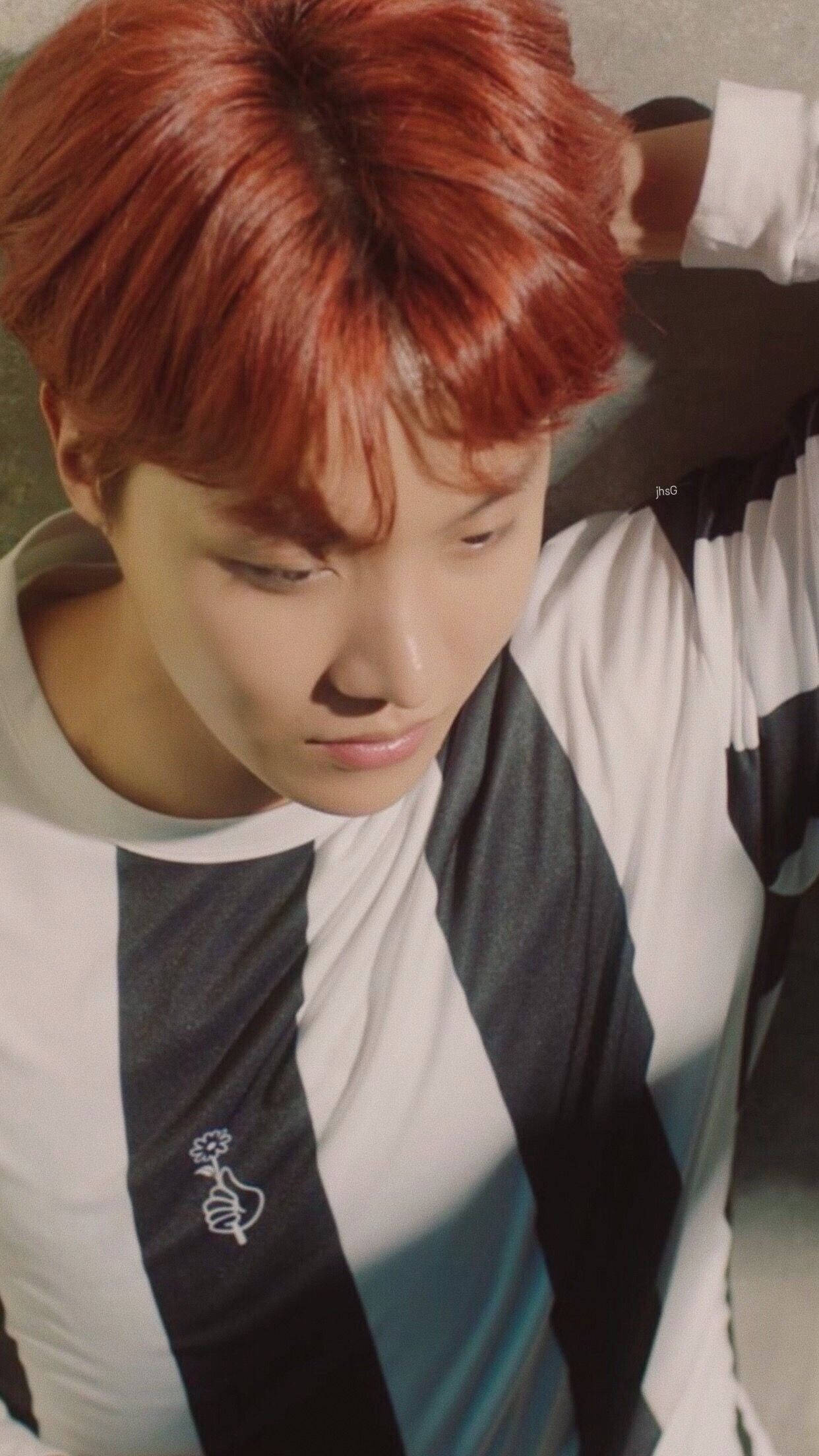 J-hope, vibrant red hair, black and white striped shirt, Full HD Phone Wallpaper