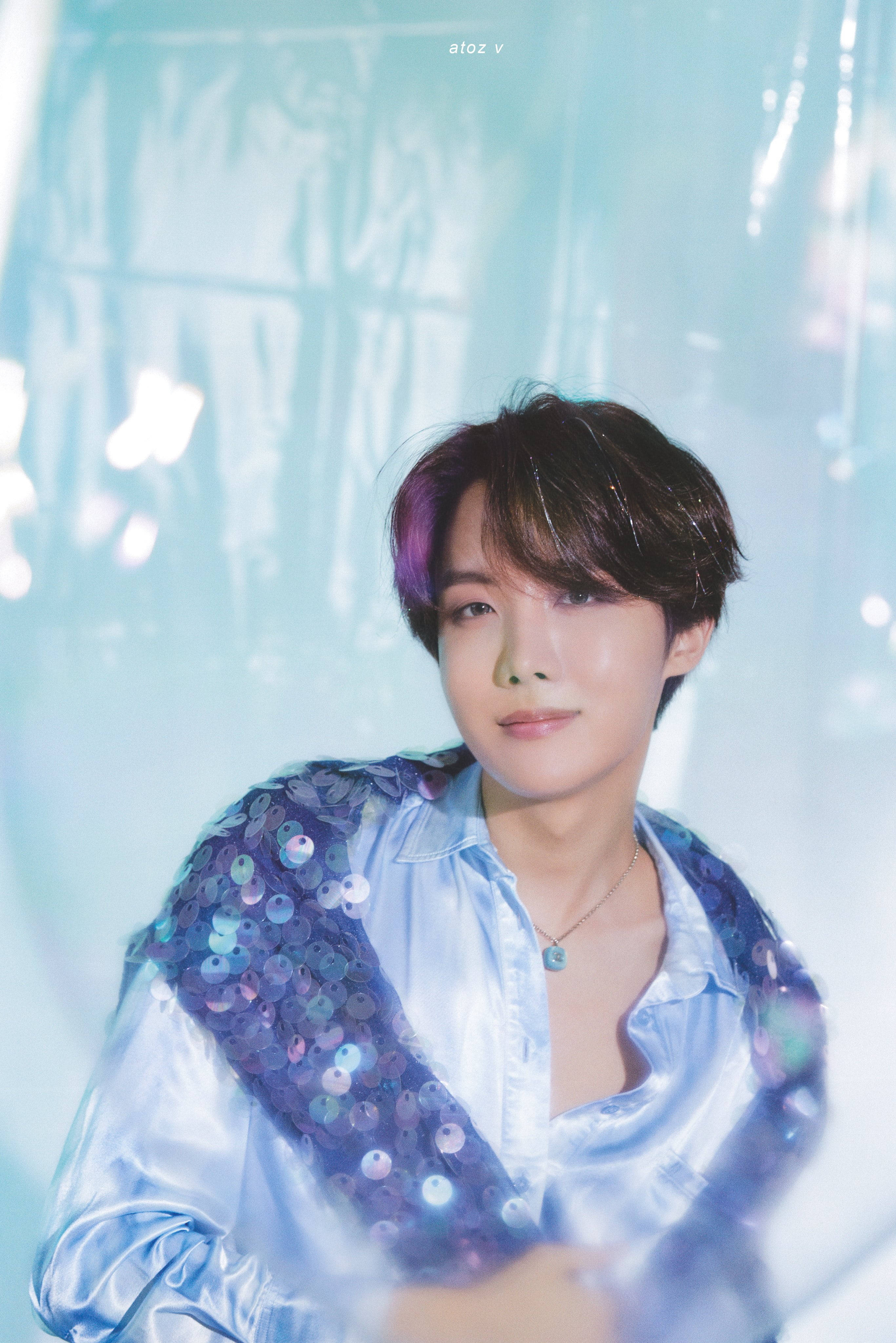 J-hope, purple-tipped hair, shimmering blue sequined shirt, 4K Phone Wallpaper