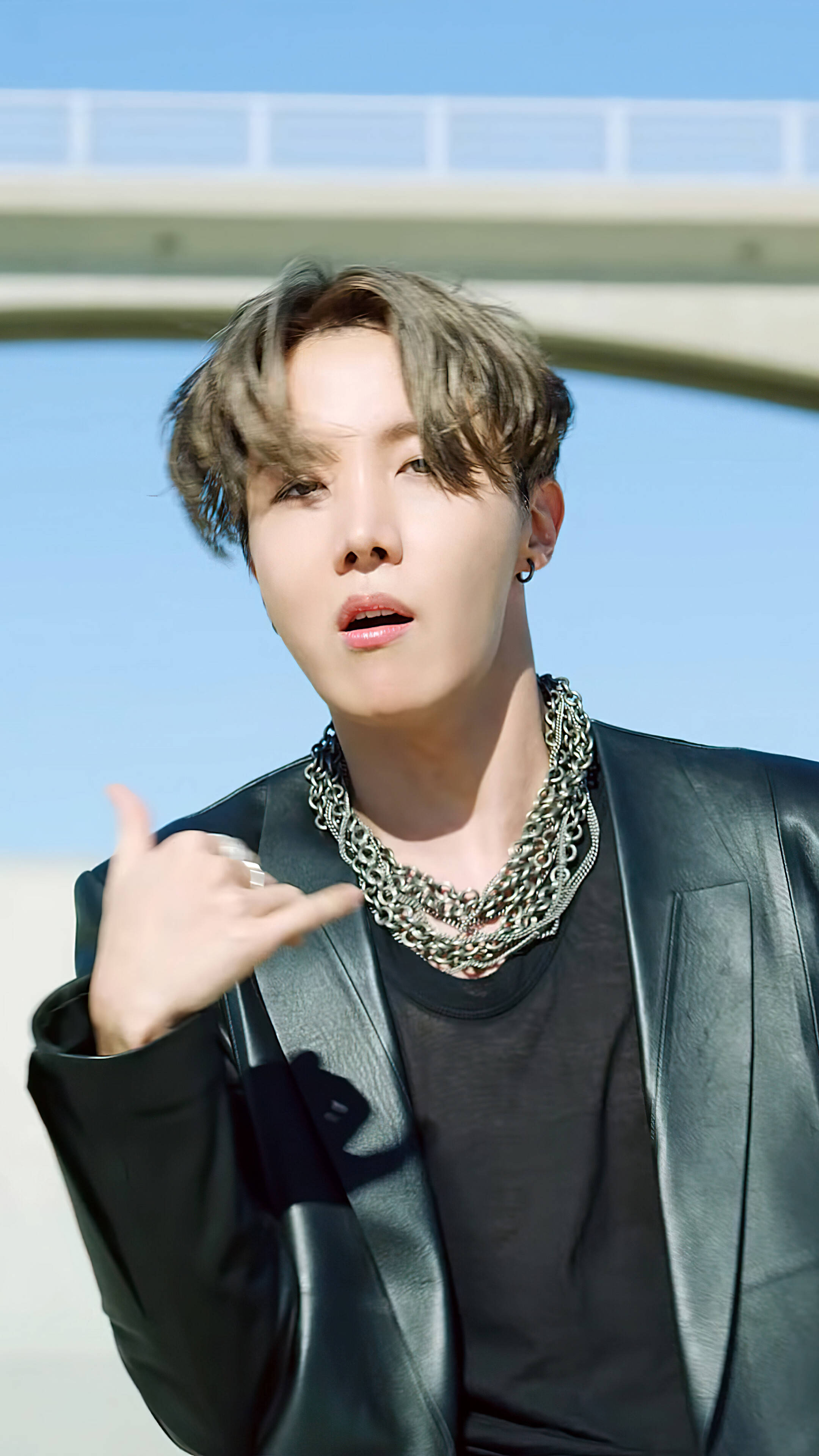 J-hope, layered silver chains, clear blue sky, 4K Phone Wallpaper