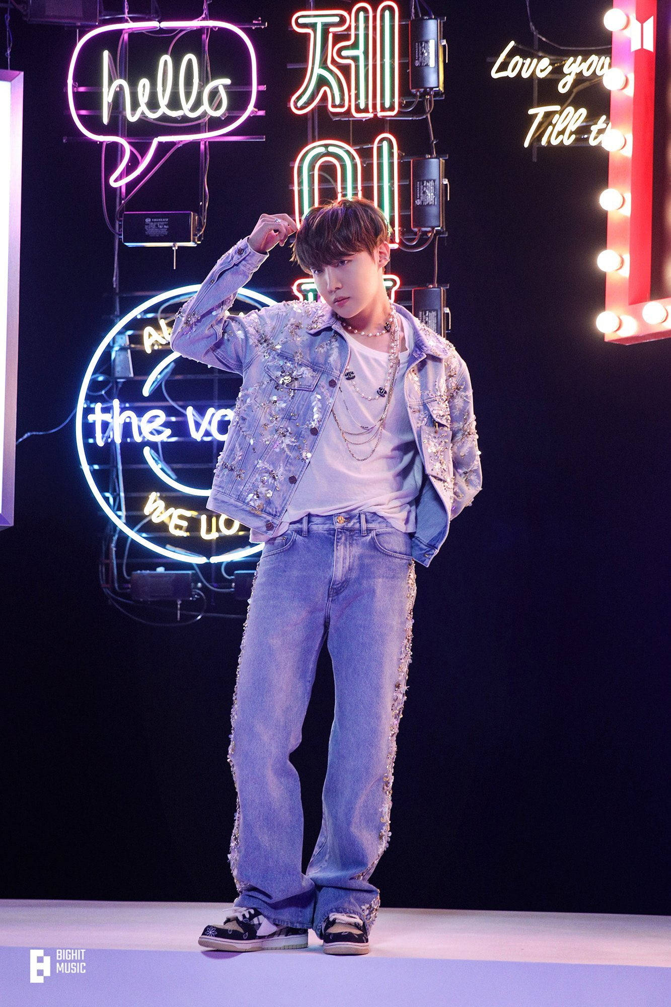 J-hope, neon signages, glittering denim jacket, Full HD Phone Wallpaper