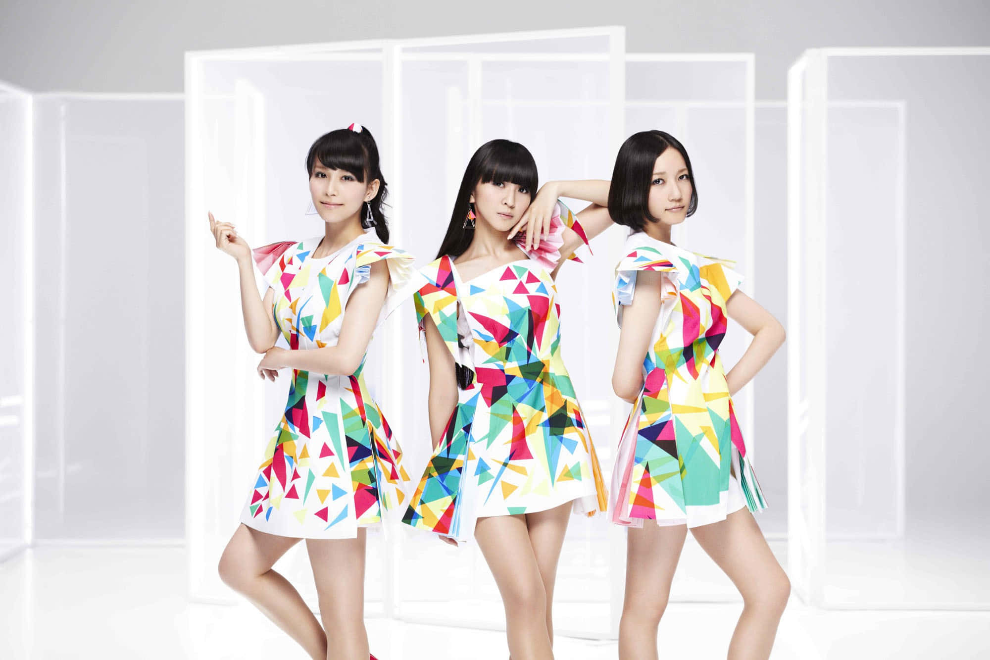 J-Pop, idol group, vibrant geometric dresses, Full HD Desktop Wallpaper