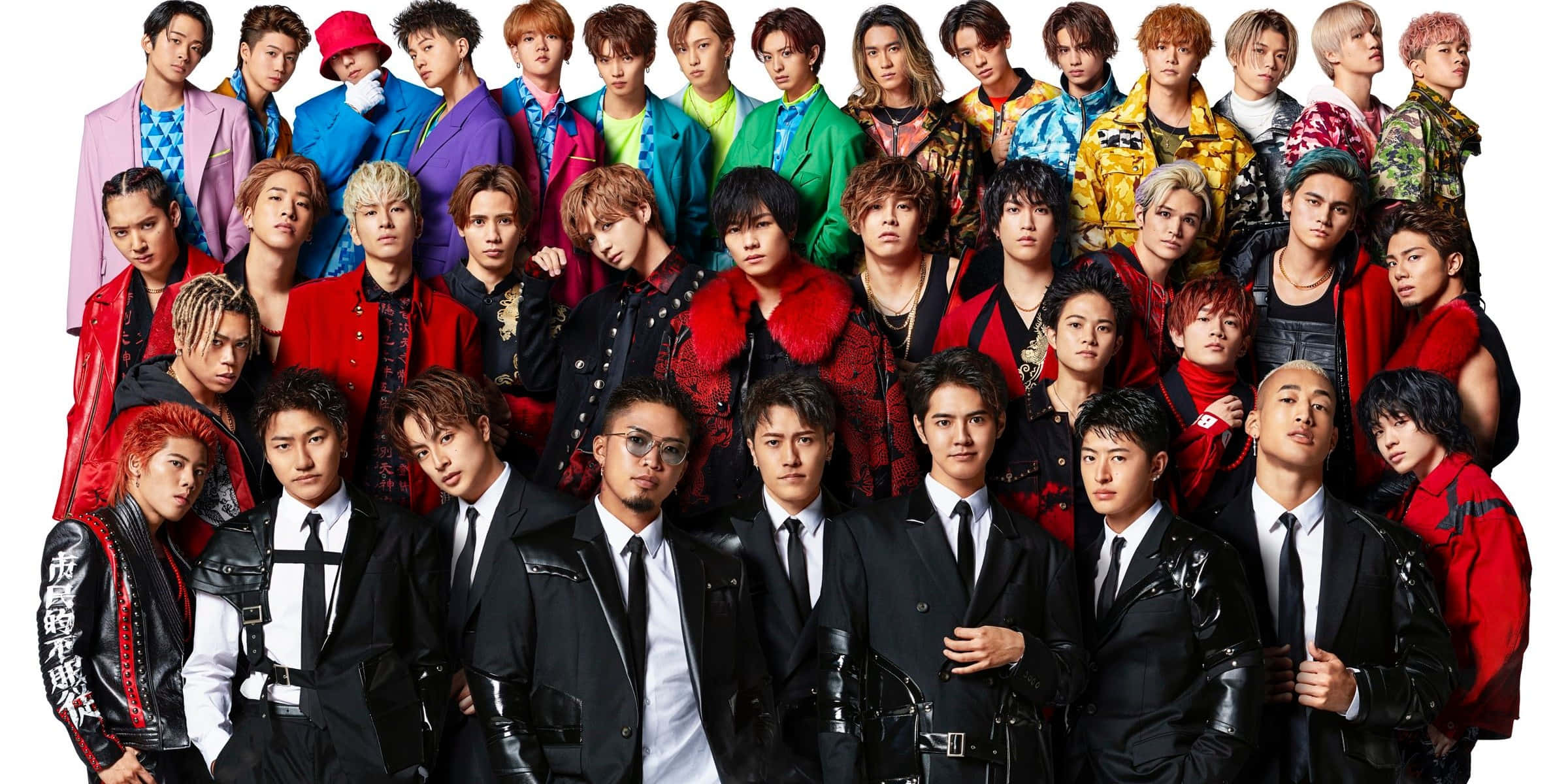 J-Pop, vibrant group of young men, bold colorful outfits, Full HD Desktop Wallpaper
