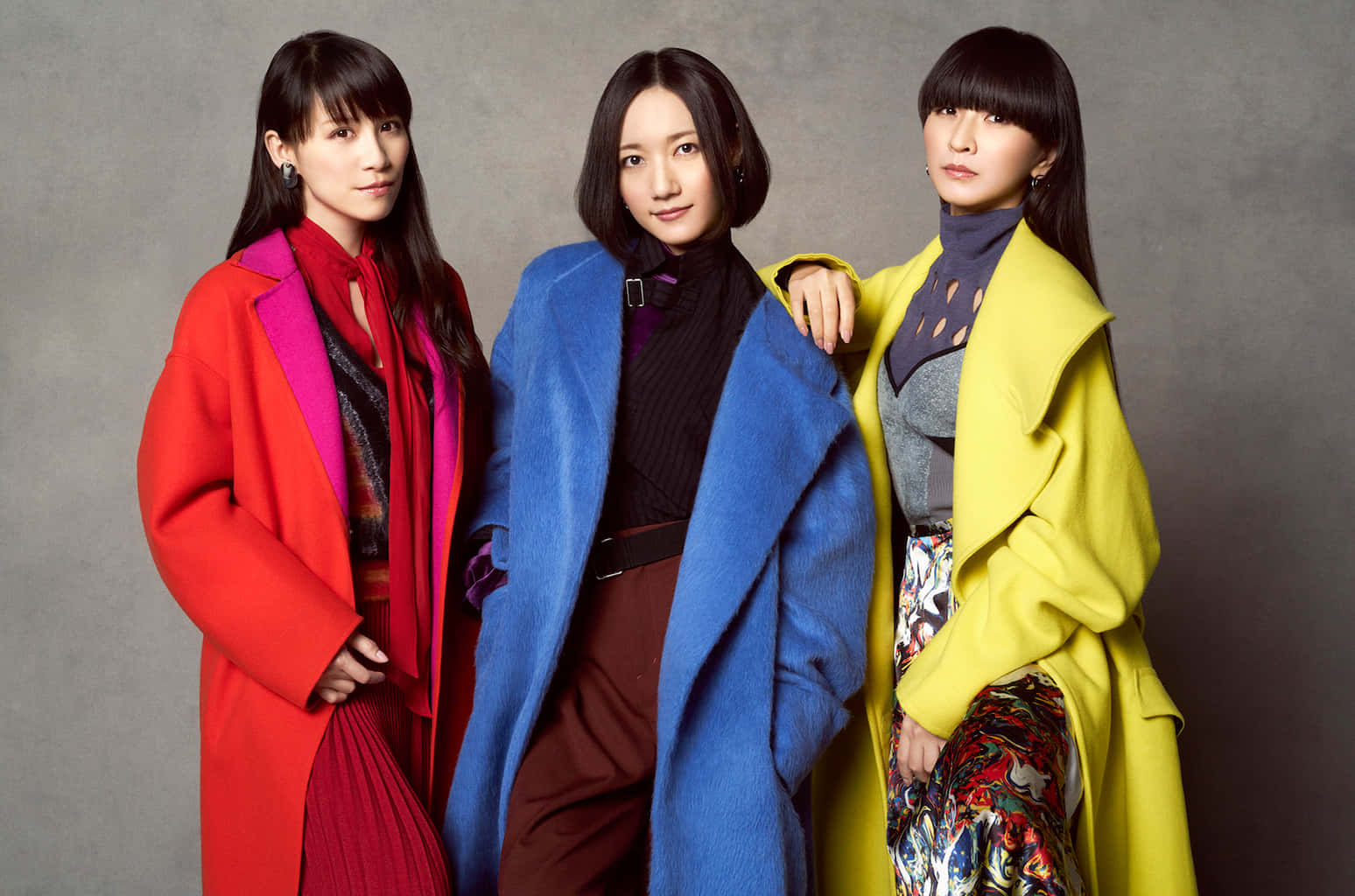 J-pop, red blue and yellow coats, neutral gray studio backdrop, HD Desktop Wallpaper