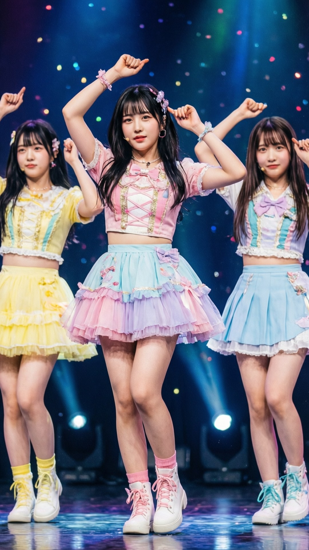 idol dance, pastel frilly outfits, sparkling stage lights, Full HD Phone Wallpaper
