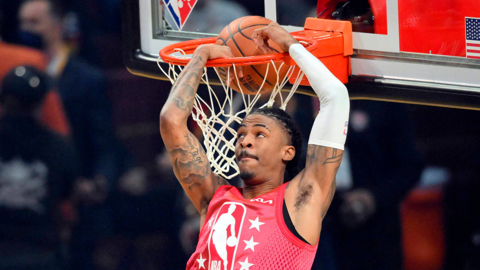 Ja Morant, reverse dunk, red jersey, HD Desktop Wallpaper