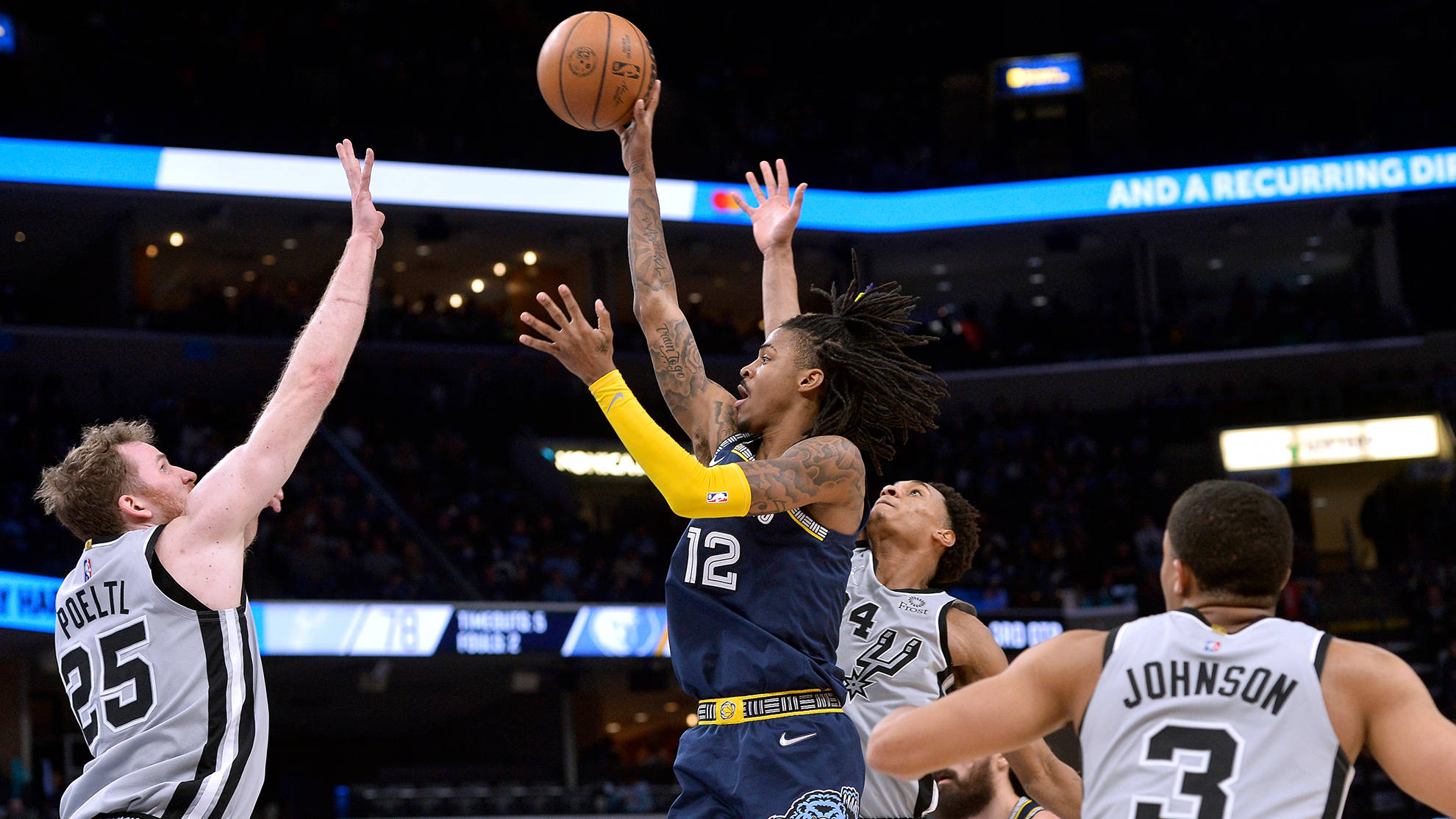 Ja Morant Dunk, blue jersey, white jerseys, Full HD Desktop Wallpaper