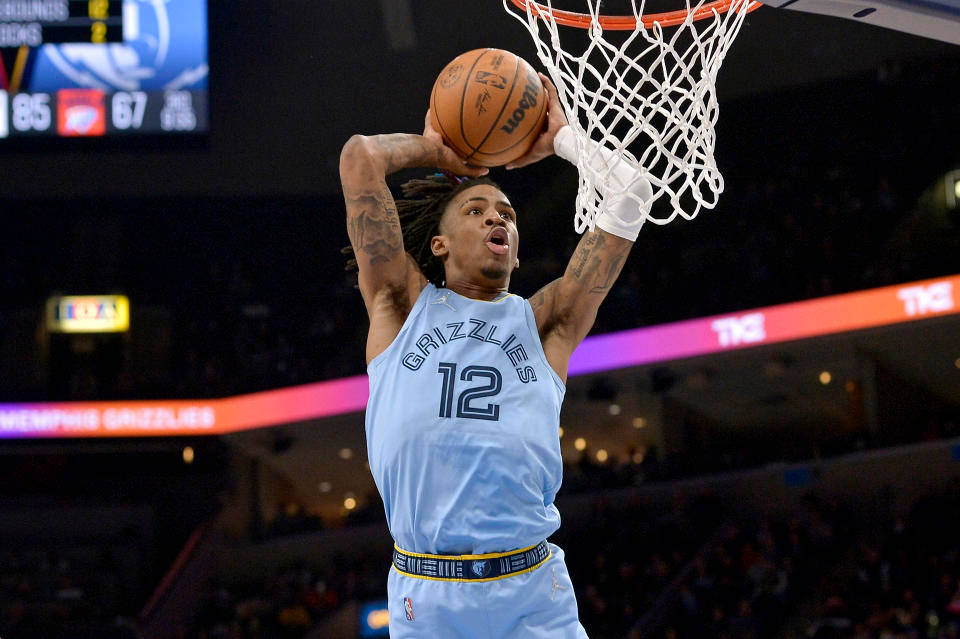 Ja Morant Dunk, blue Grizzlies uniform, light blue Grizzlies jersey, SD Desktop Wallpaper