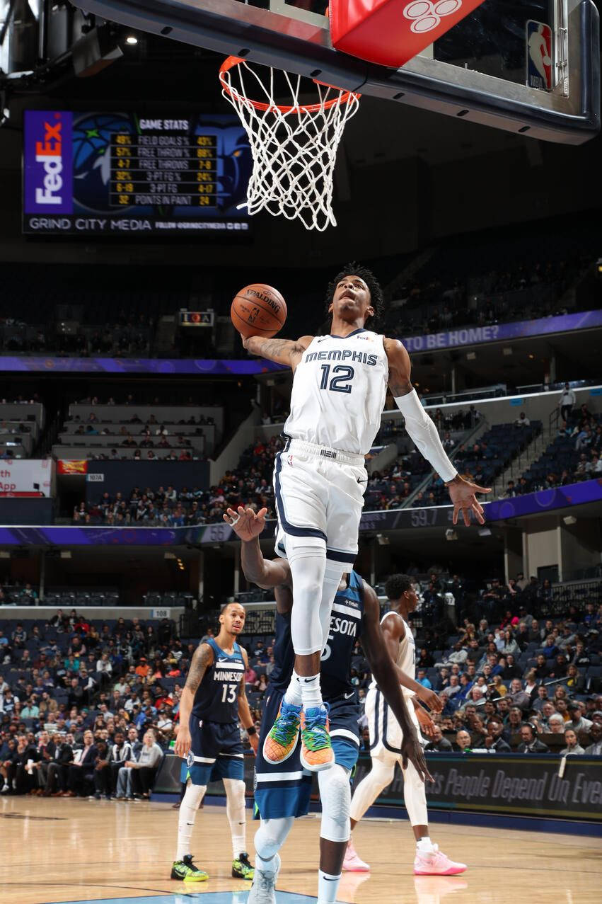 Ja Morant Dunk, white Memphis jersey, dunks the ball, SD Phone Wallpaper