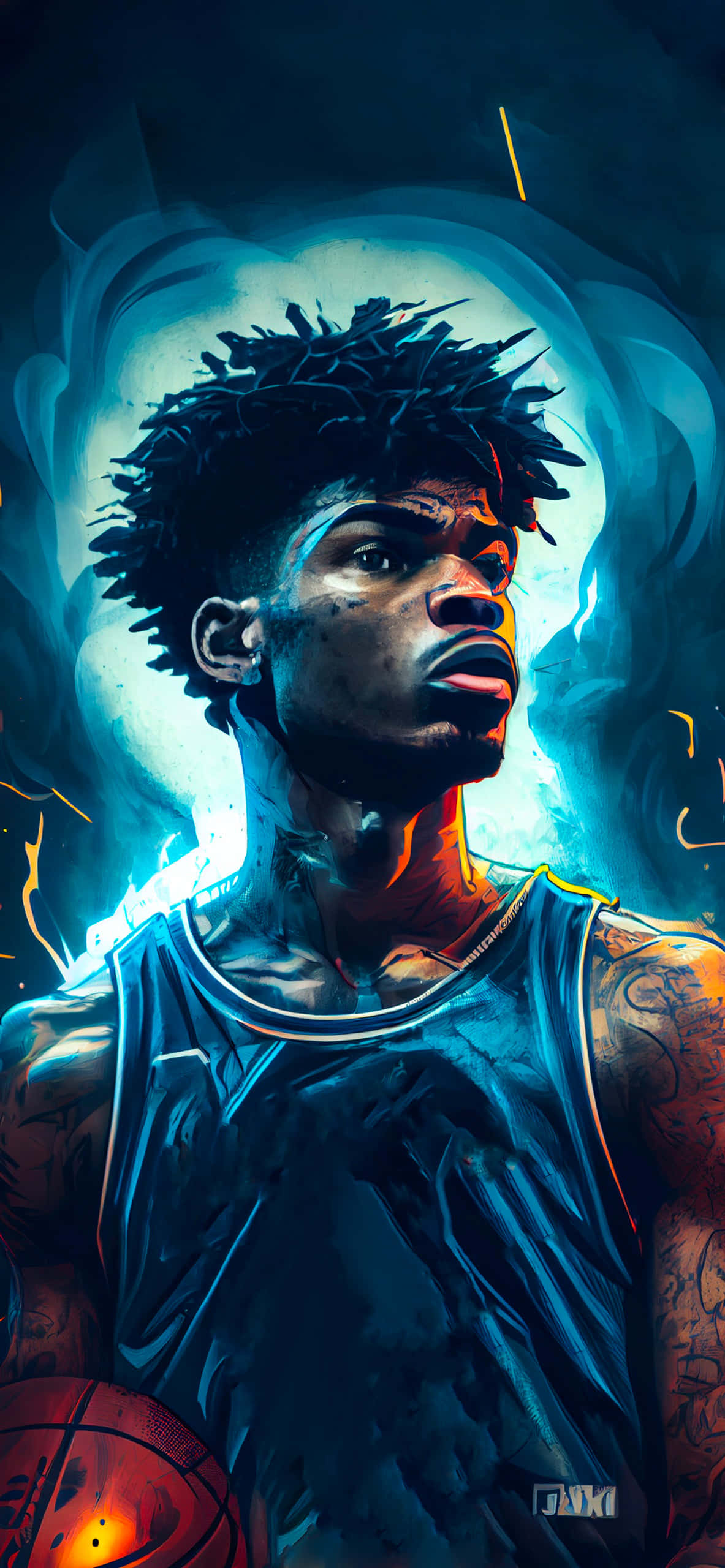 Ja Morant, artistic basketball illustration, glowing blue light, 2K Phone Wallpaper