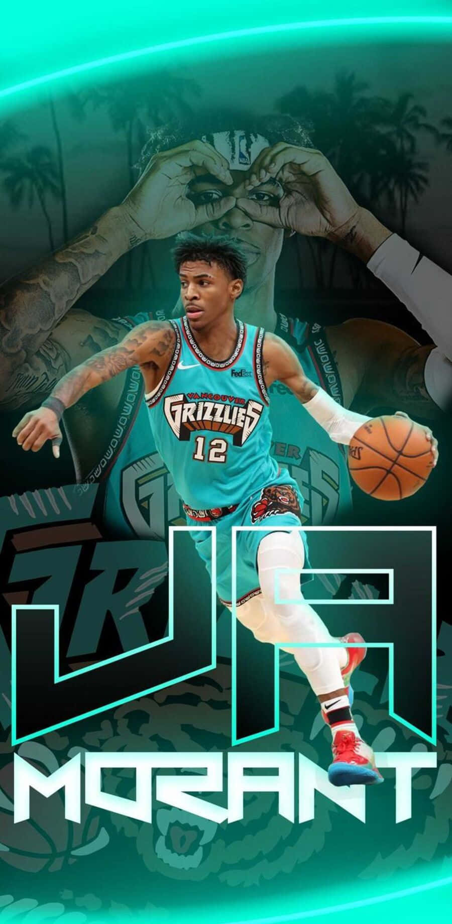 Ja Morant, teal Grizzlies jersey, glowing neon green palm tree, HD Phone Wallpaper