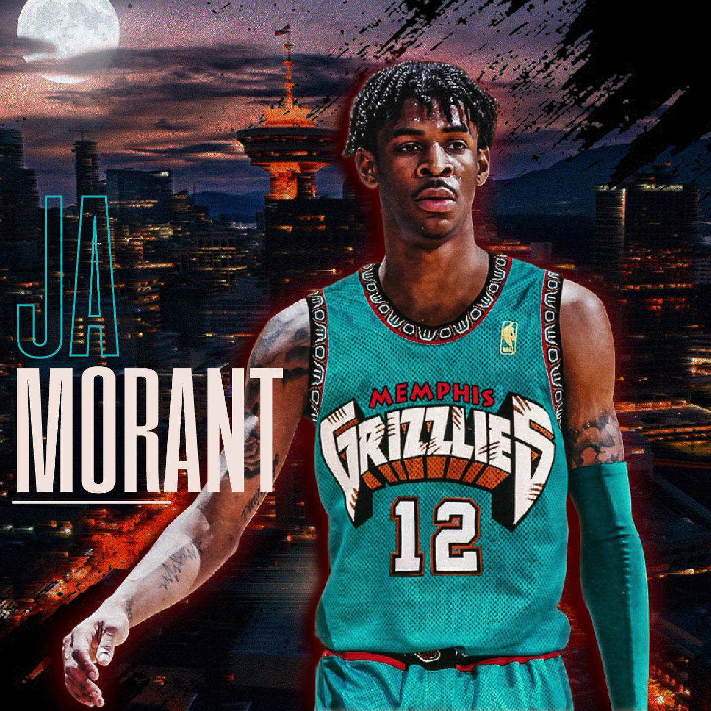 Ja Morant, teal Memphis Grizzlies jersey, vibrant city skyline, HD Desktop Wallpaper