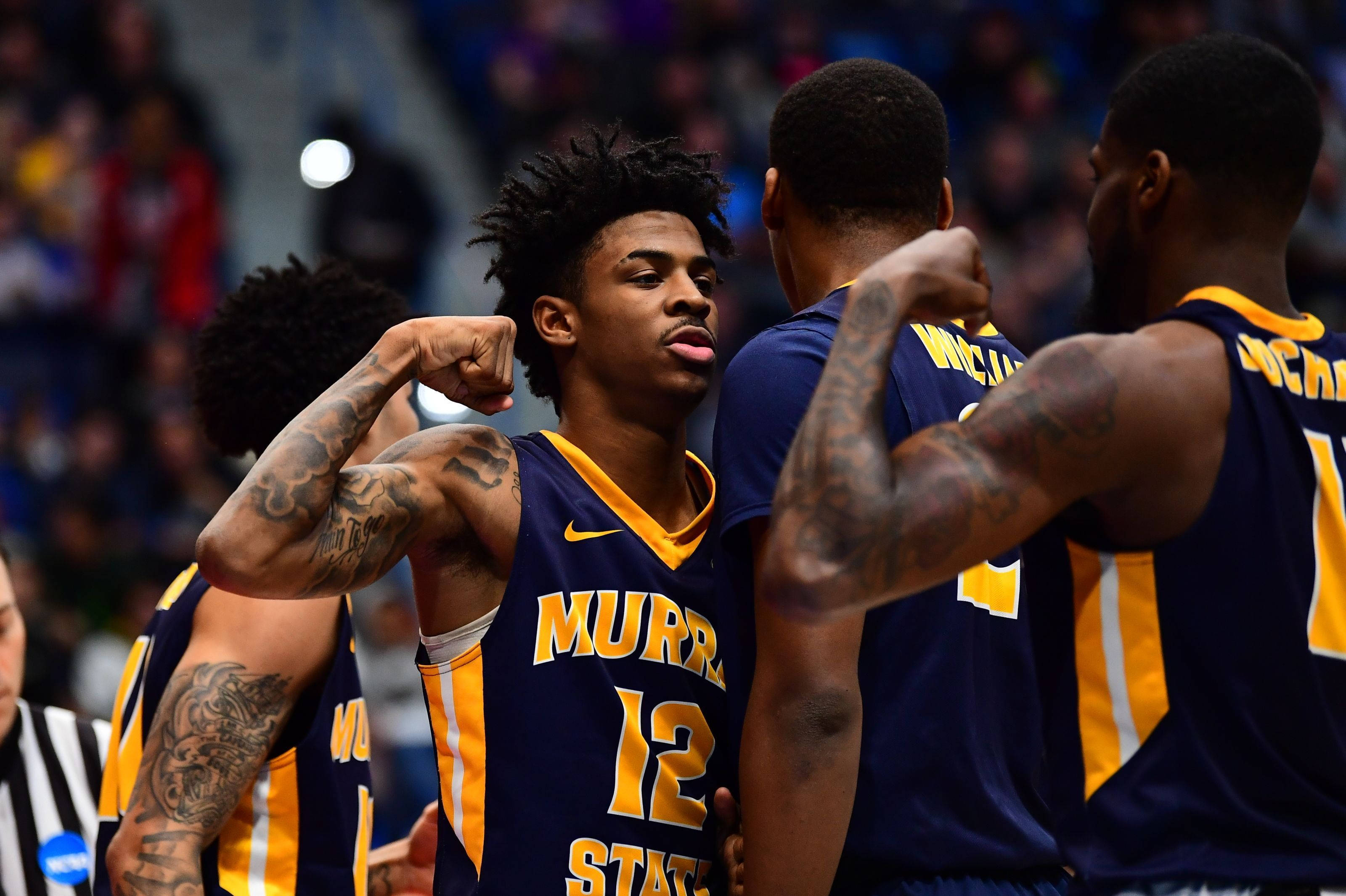 Ja Morant, fist bump, blue and gold uniforms, 2K Desktop Wallpaper