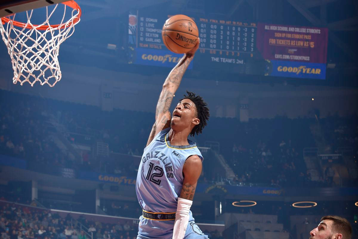 Ja Morant, hammer dunk, light blue jersey, SD Desktop Wallpaper