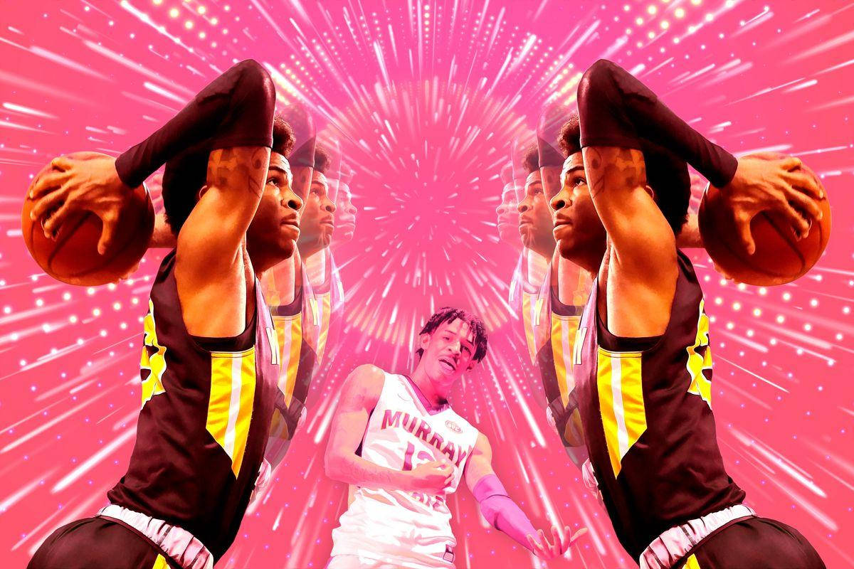 Ja Morant, pink starburst background, white jersey, SD Desktop Wallpaper