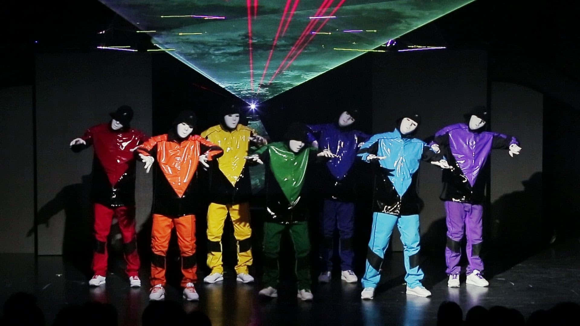 Jabbawockeez, rainbow-colored shiny suits, laser light show, Full HD Desktop Wallpaper