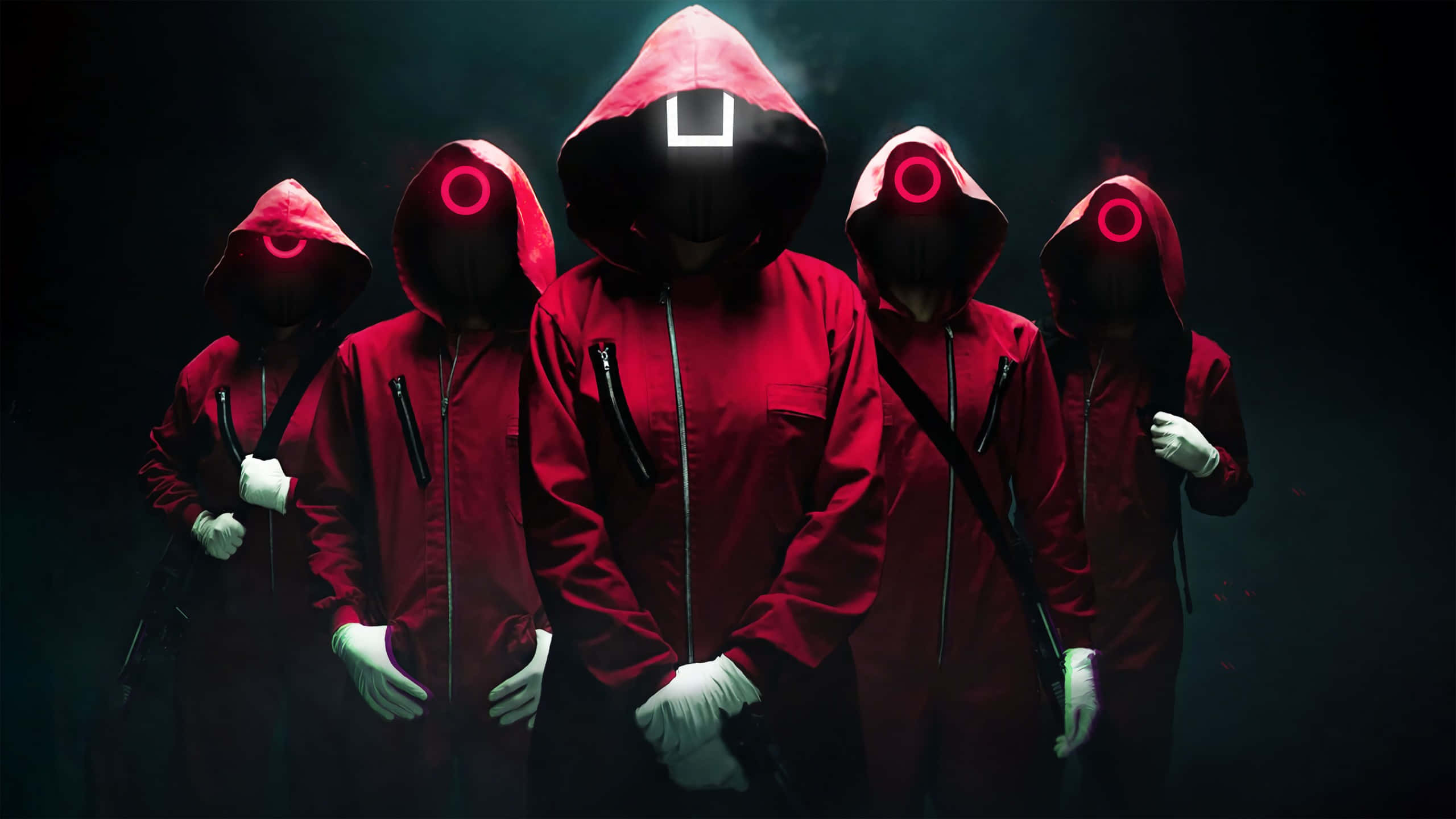 Jabbawockeez, red hooded jumpsuits, glowing red eye-like lights, 2K Desktop Wallpaper