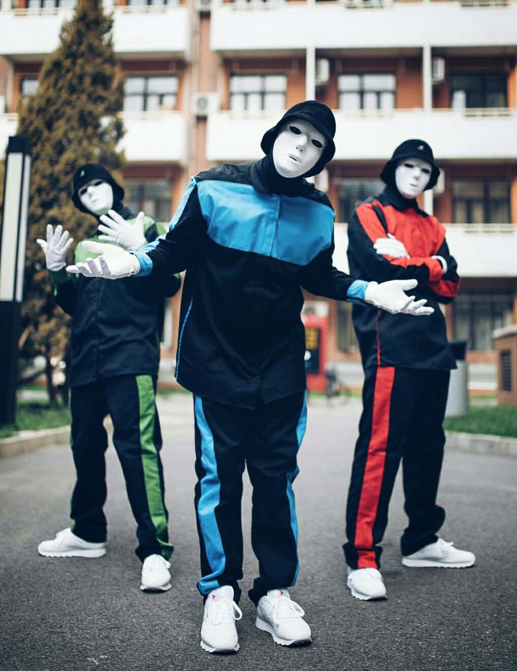 Jabbawockeez, colorful track suits, paved courtyard, HD Phone Wallpaper